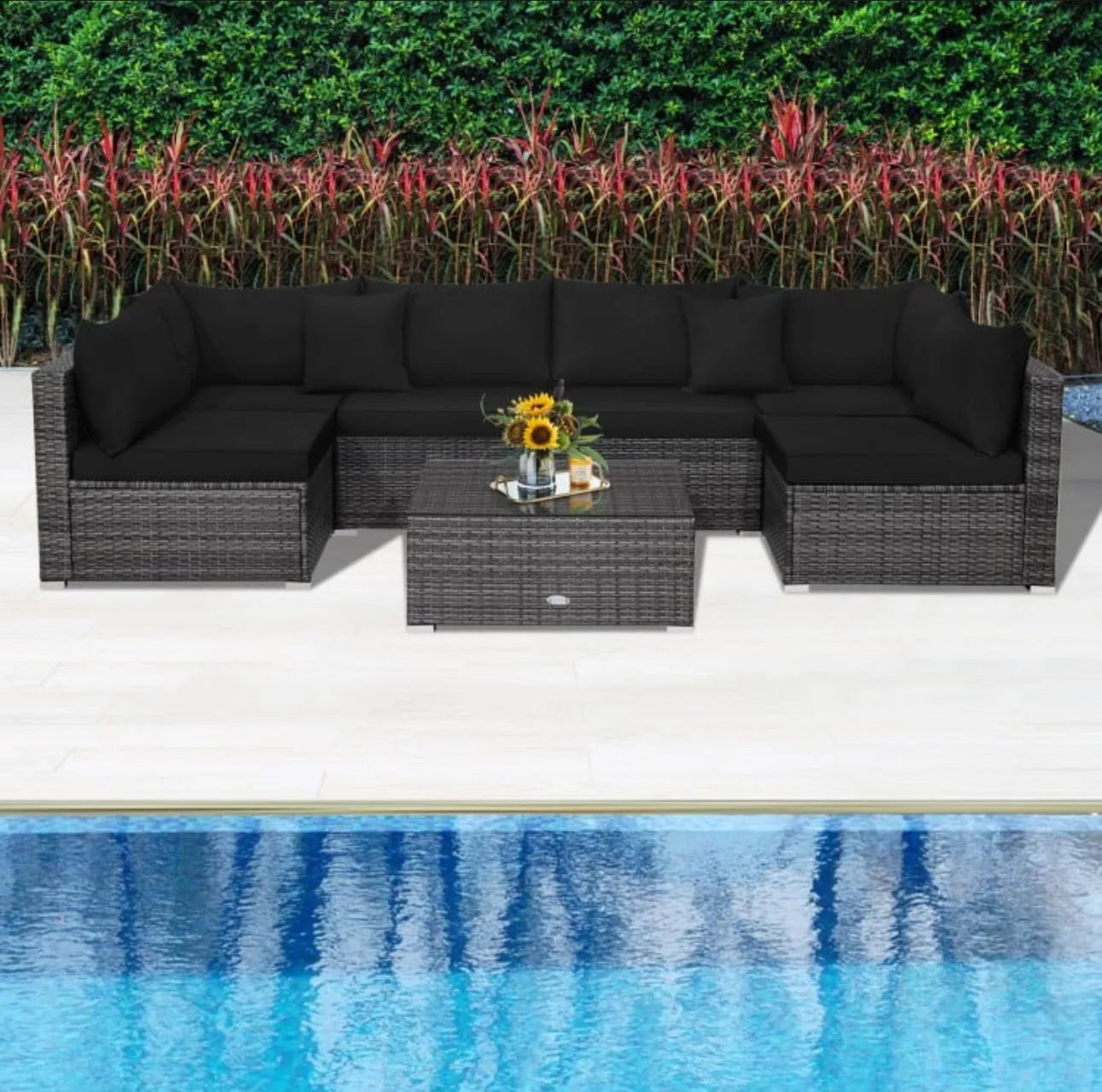 Super Elegant & Relaxing 7 Piece Patio Furniture Rattan Set With Sectional Sofa | Cushions