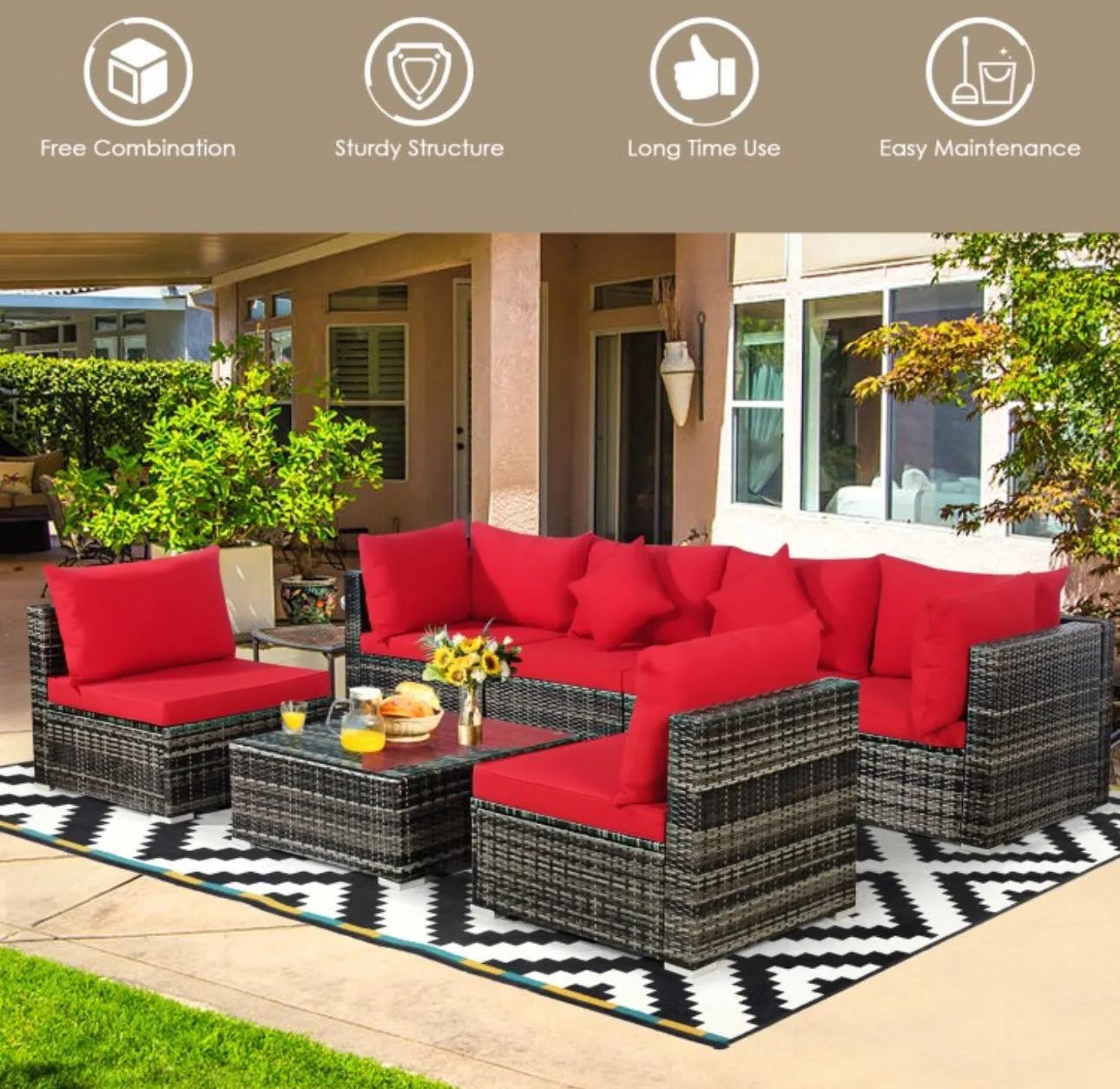 Super Elegant & Relaxing 7 Piece Patio Furniture Rattan Set With Sectional Sofa | Cushions