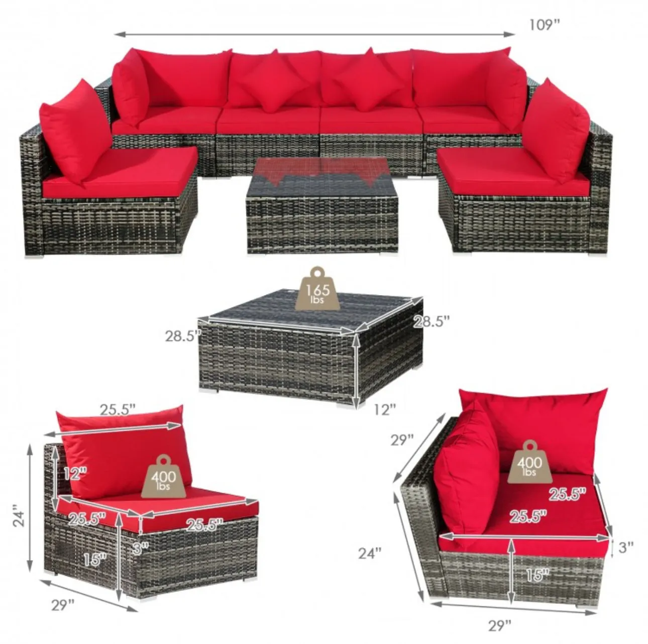 Super Elegant & Relaxing 7 Piece Patio Furniture Rattan Set With Sectional Sofa | Cushions