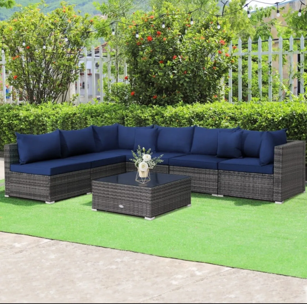 Super Elegant & Relaxing 7 Piece Patio Furniture Rattan Set With Sectional Sofa | Cushions