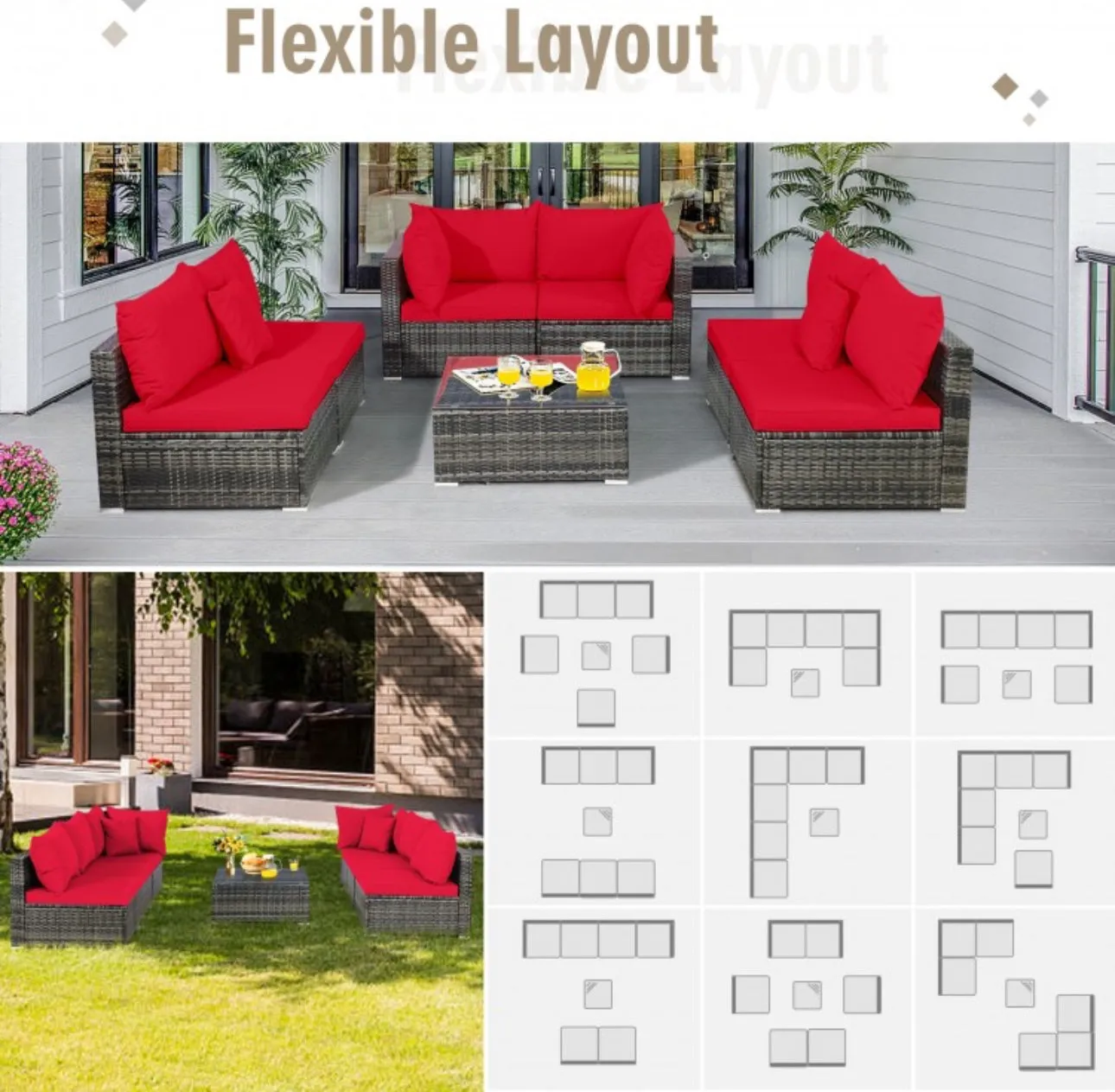 Super Elegant & Relaxing 7 Piece Patio Furniture Rattan Set With Sectional Sofa | Cushions