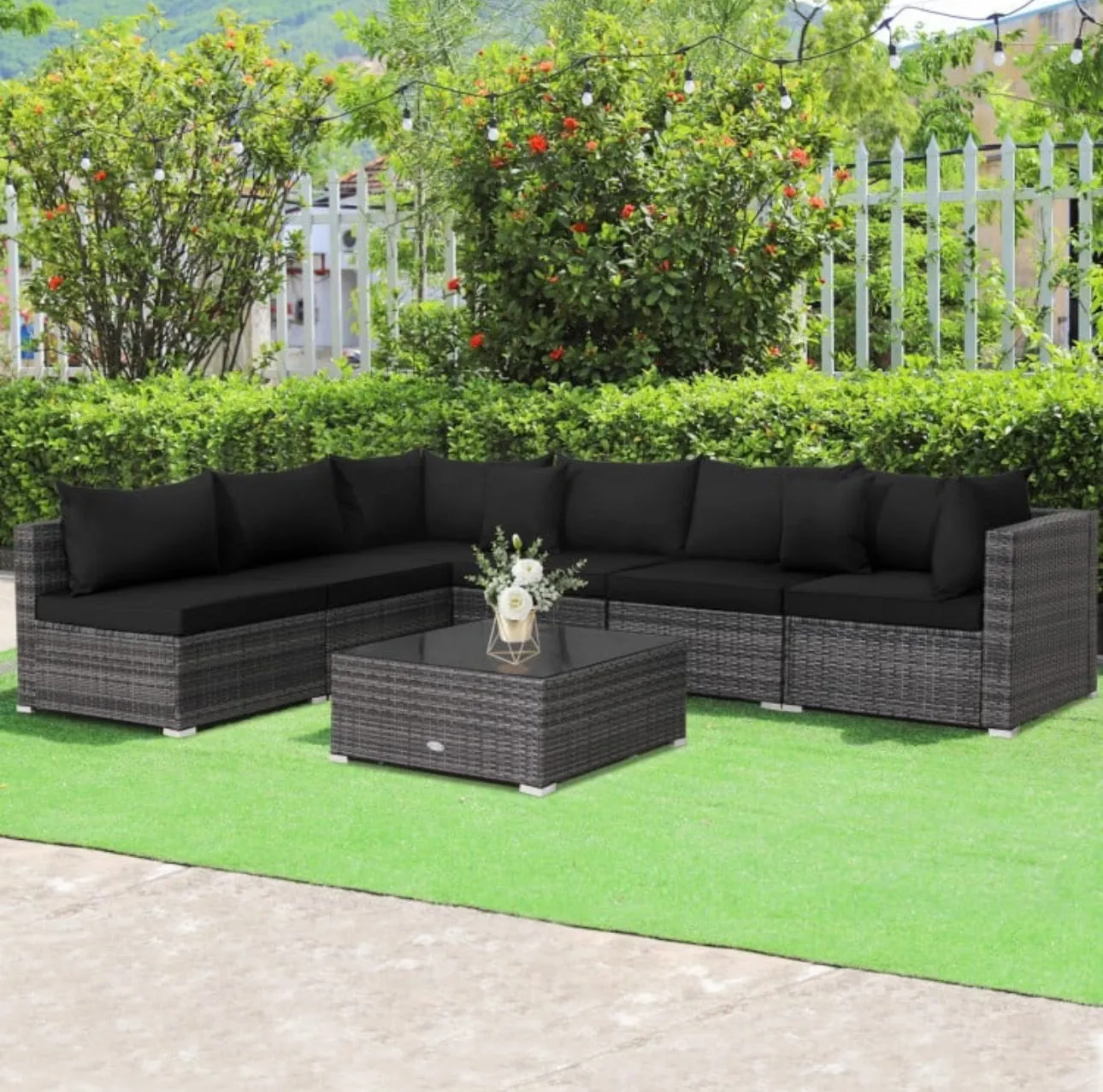 Super Elegant & Relaxing 7 Piece Patio Furniture Rattan Set With Sectional Sofa | Cushions