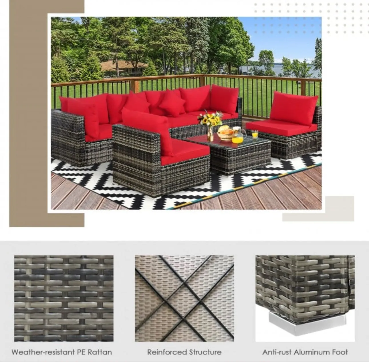 Super Elegant & Relaxing 7 Piece Patio Furniture Rattan Set With Sectional Sofa | Cushions