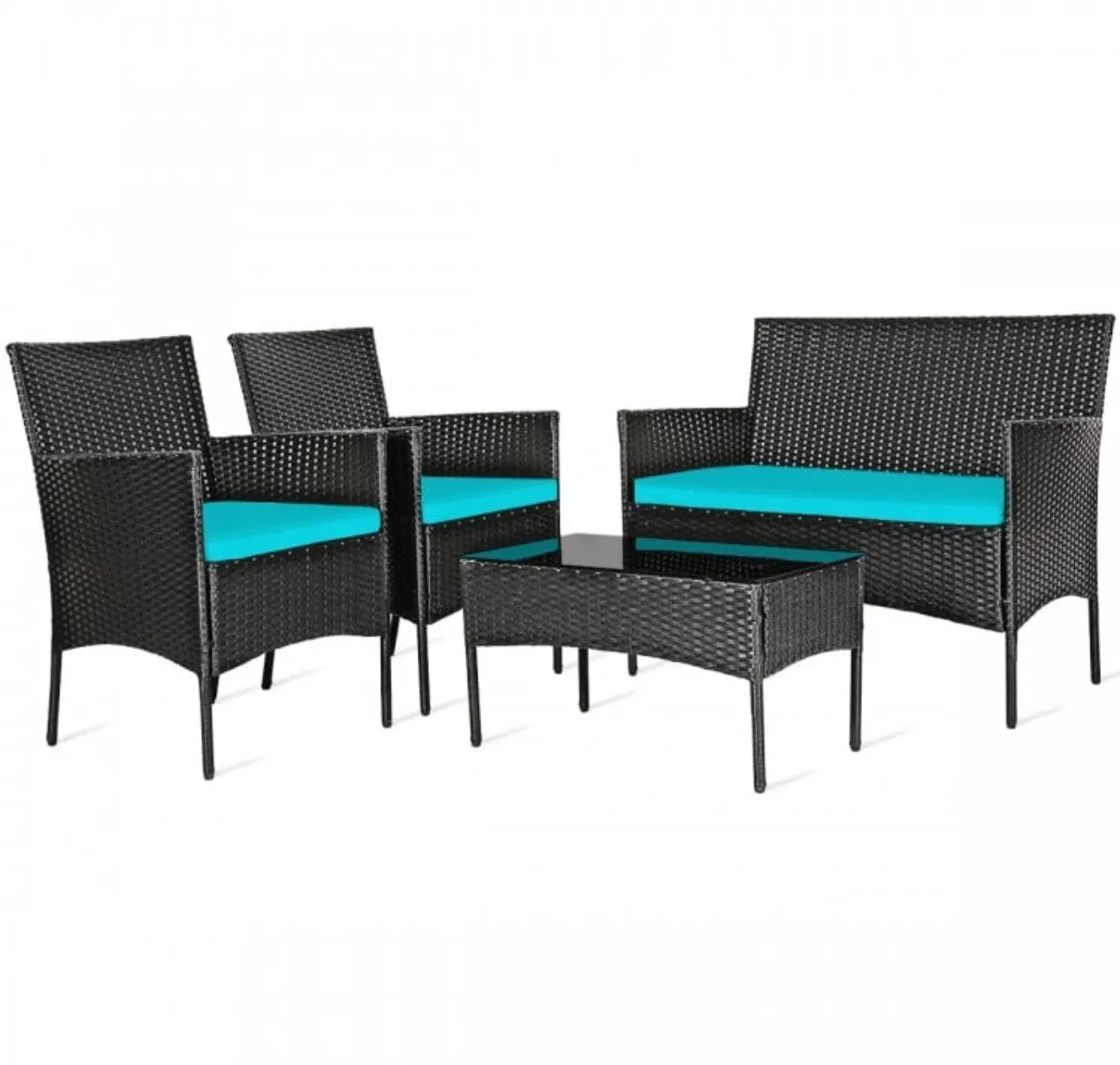 Super Relaxing 4 Piece Rattan Cushioned Sofa Patio Furniture Set With Heavy Duty Glass Coffee Table