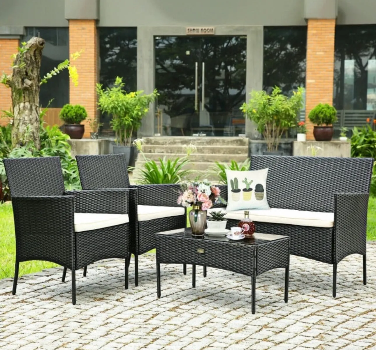 Super Relaxing 4 Piece Rattan Cushioned Sofa Patio Furniture Set With Heavy Duty Glass Coffee Table