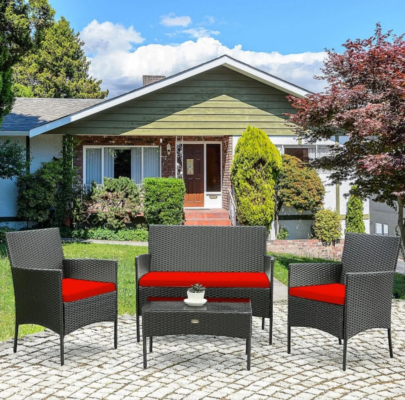 Super Relaxing 4 Piece Rattan Cushioned Sofa Patio Furniture Set With Heavy Duty Glass Coffee Table