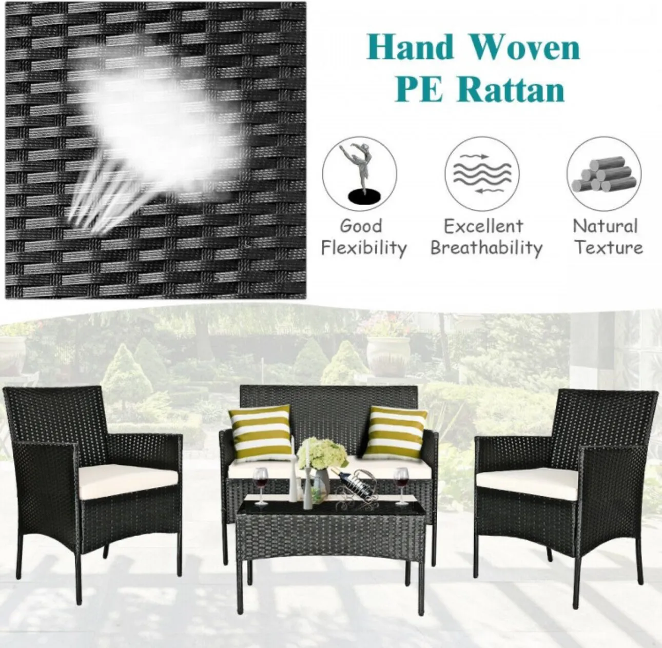 Super Relaxing 4 Piece Rattan Cushioned Sofa Patio Furniture Set With Heavy Duty Glass Coffee Table