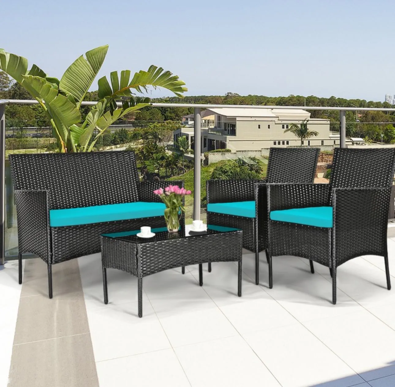 Super Relaxing 4 Piece Rattan Cushioned Sofa Patio Furniture Set With Heavy Duty Glass Coffee Table