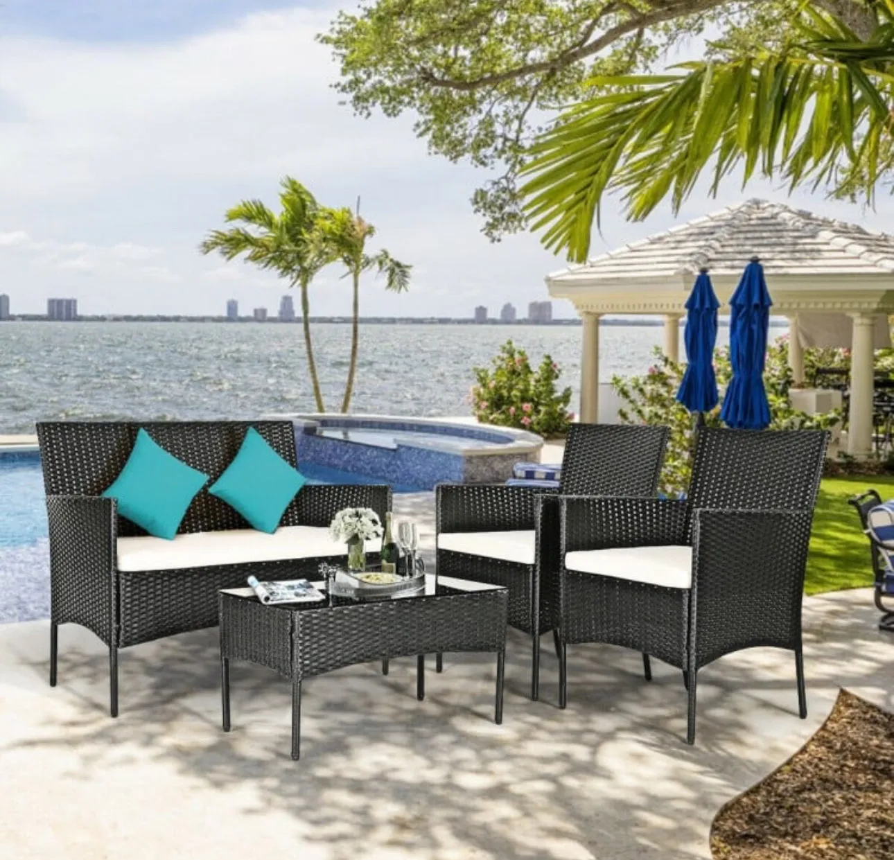 Super Relaxing 4 Piece Rattan Cushioned Sofa Patio Furniture Set With Heavy Duty Glass Coffee Table