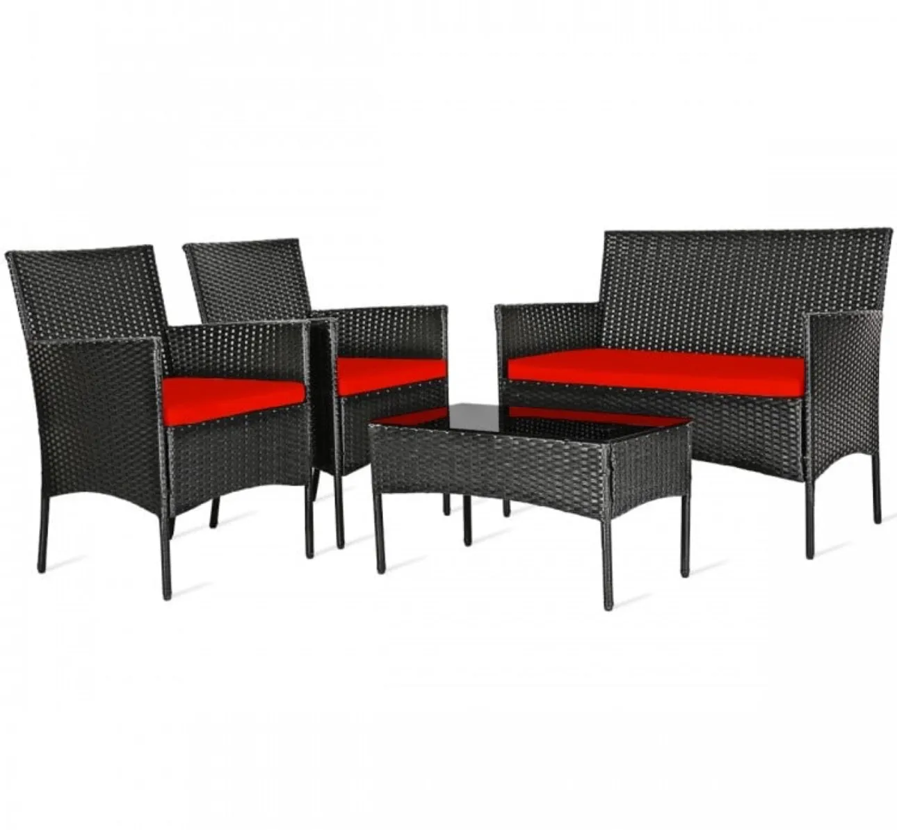 Super Relaxing 4 Piece Rattan Cushioned Sofa Patio Furniture Set With Heavy Duty Glass Coffee Table