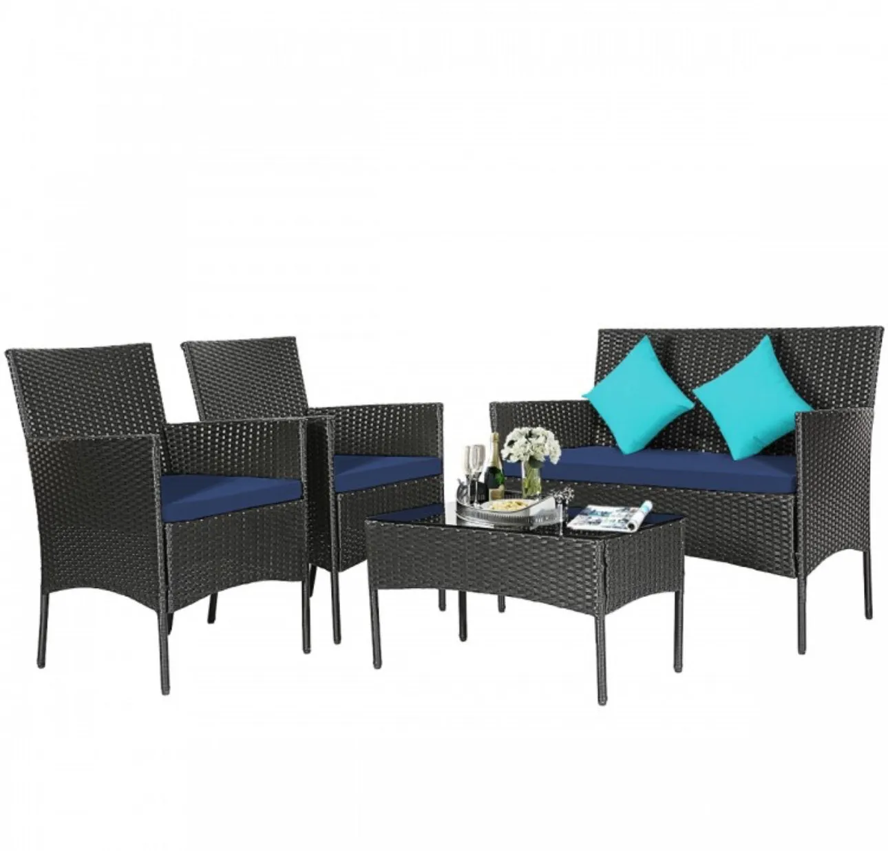 Super Relaxing 4 Piece Rattan Cushioned Sofa Patio Furniture Set With Heavy Duty Glass Coffee Table