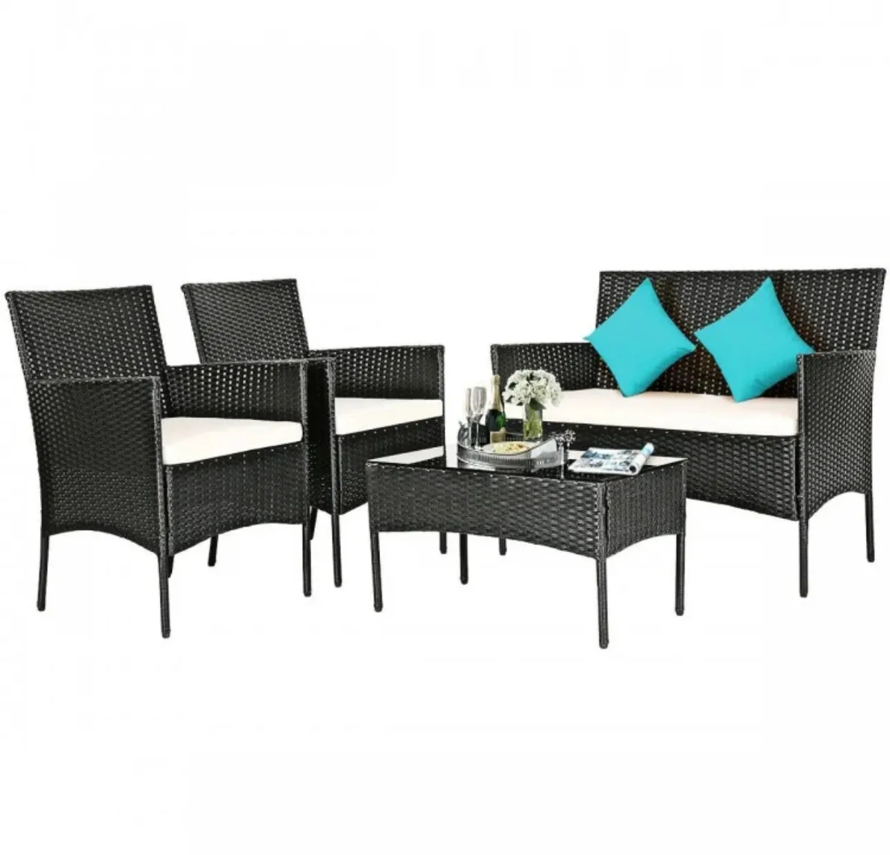 Super Relaxing 4 Piece Rattan Cushioned Sofa Patio Furniture Set With Heavy Duty Glass Coffee Table