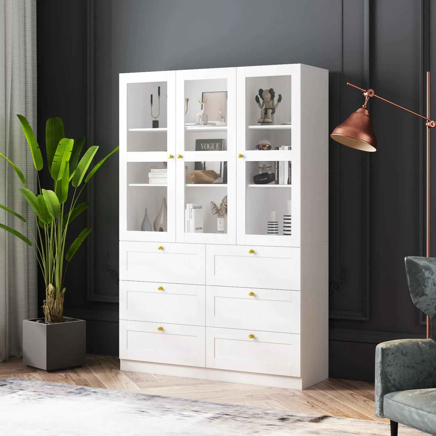 Tall Storage Cabinet with 6 Drawers Acrylic Glass Doors Floor Display Cabinet Bookcase with 3-Tiers Shelf