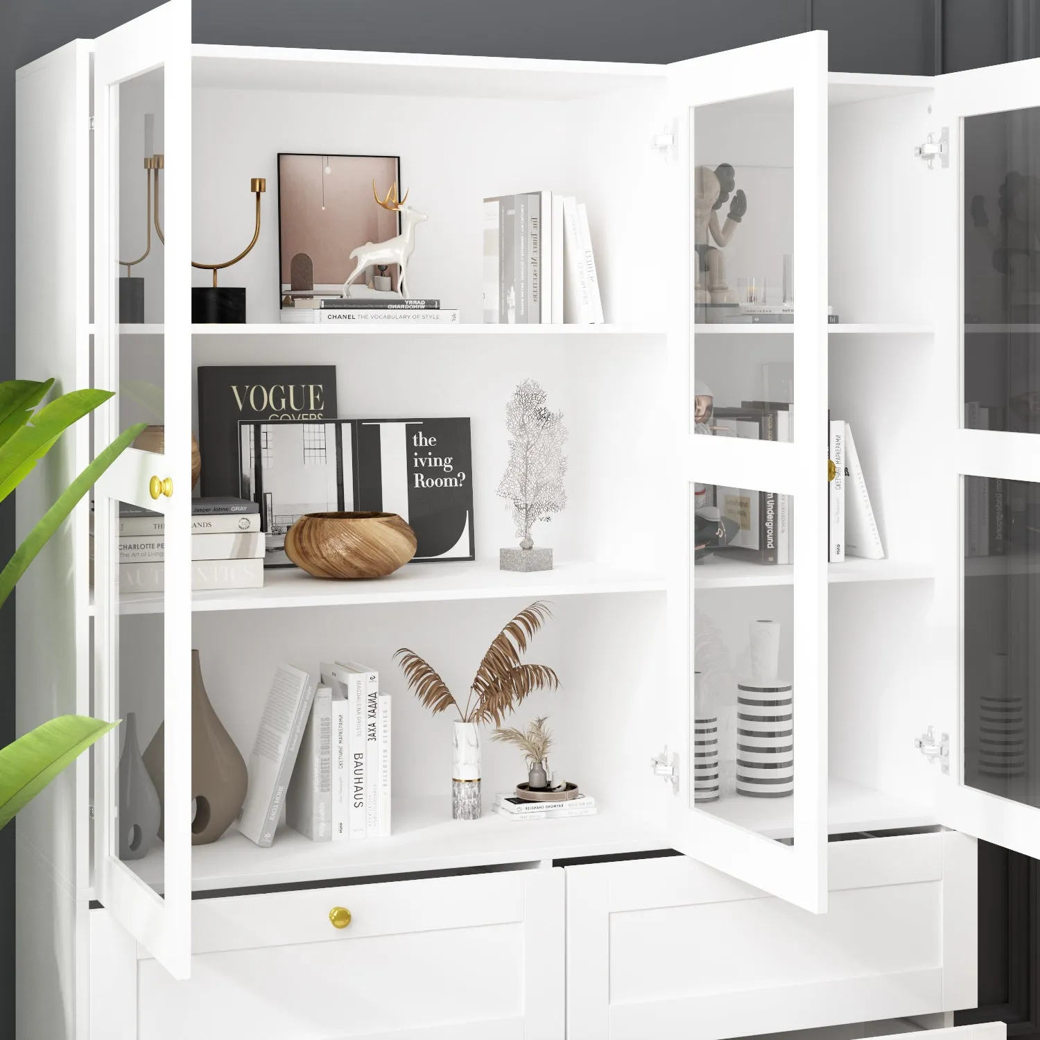 Tall Storage Cabinet with 6 Drawers Acrylic Glass Doors Floor Display Cabinet Bookcase with 3-Tiers Shelf