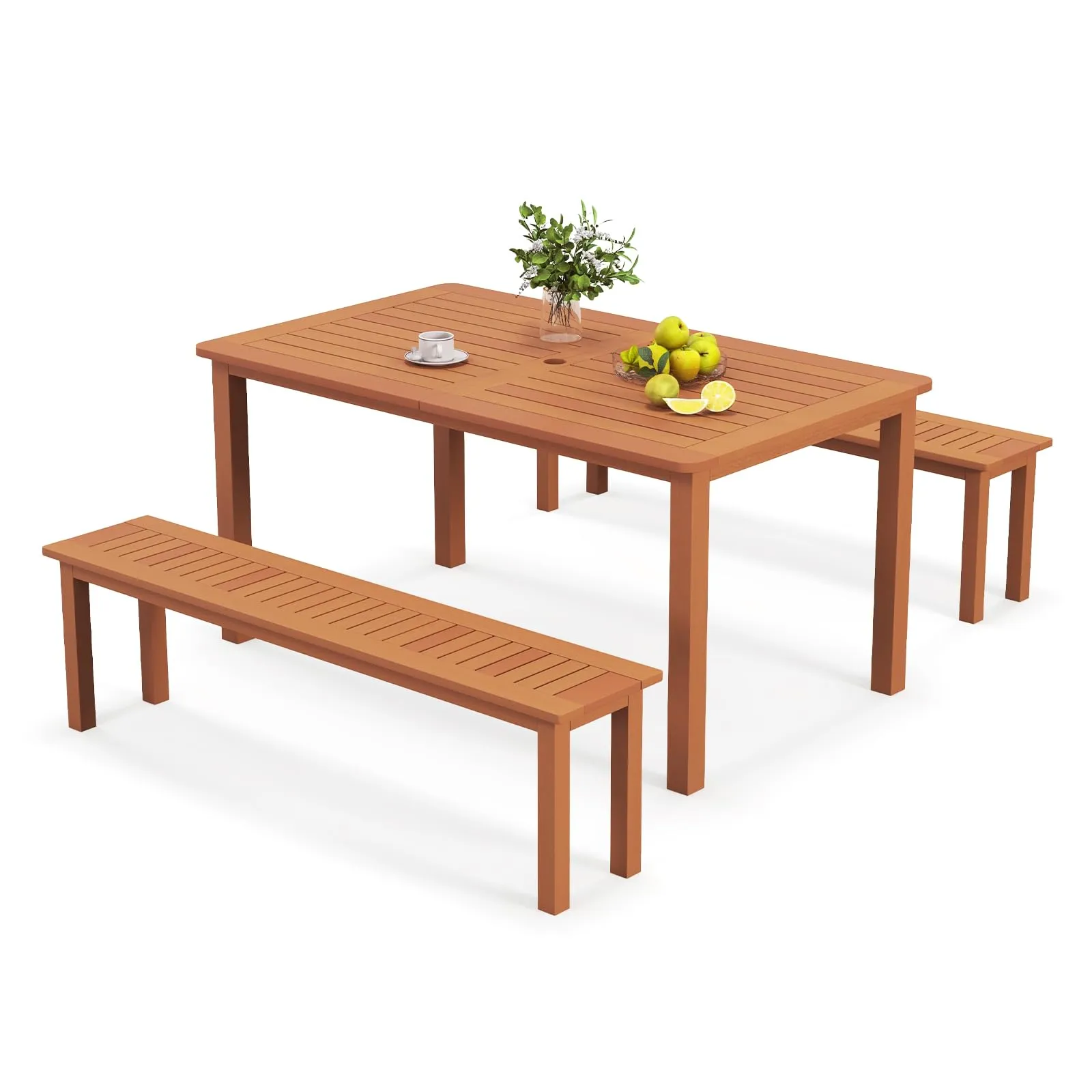 Tangkula Set of 3 Patio Dining Set for 4, Solid Wood Dining Table with 2 Benches