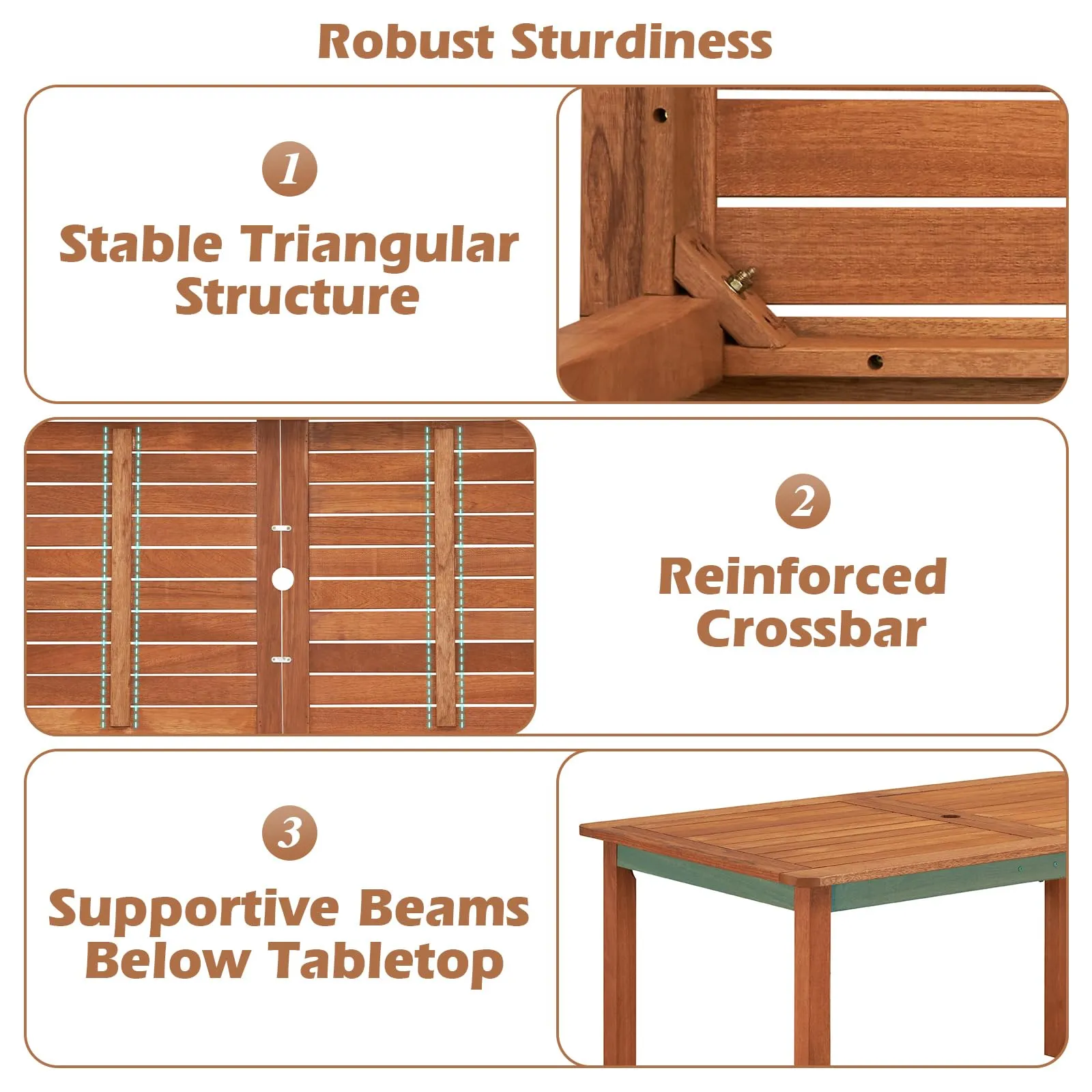 Tangkula Set of 3 Patio Dining Set for 4, Solid Wood Dining Table with 2 Benches