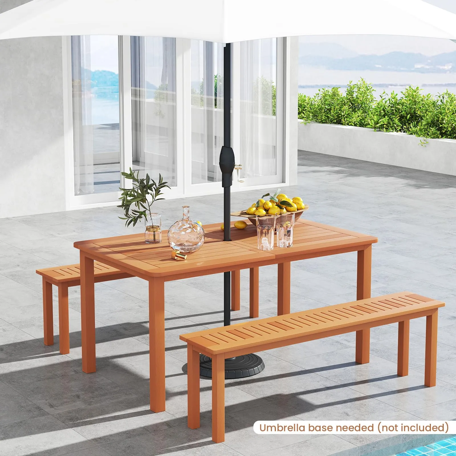 Tangkula Set of 3 Patio Dining Set for 4, Solid Wood Dining Table with 2 Benches