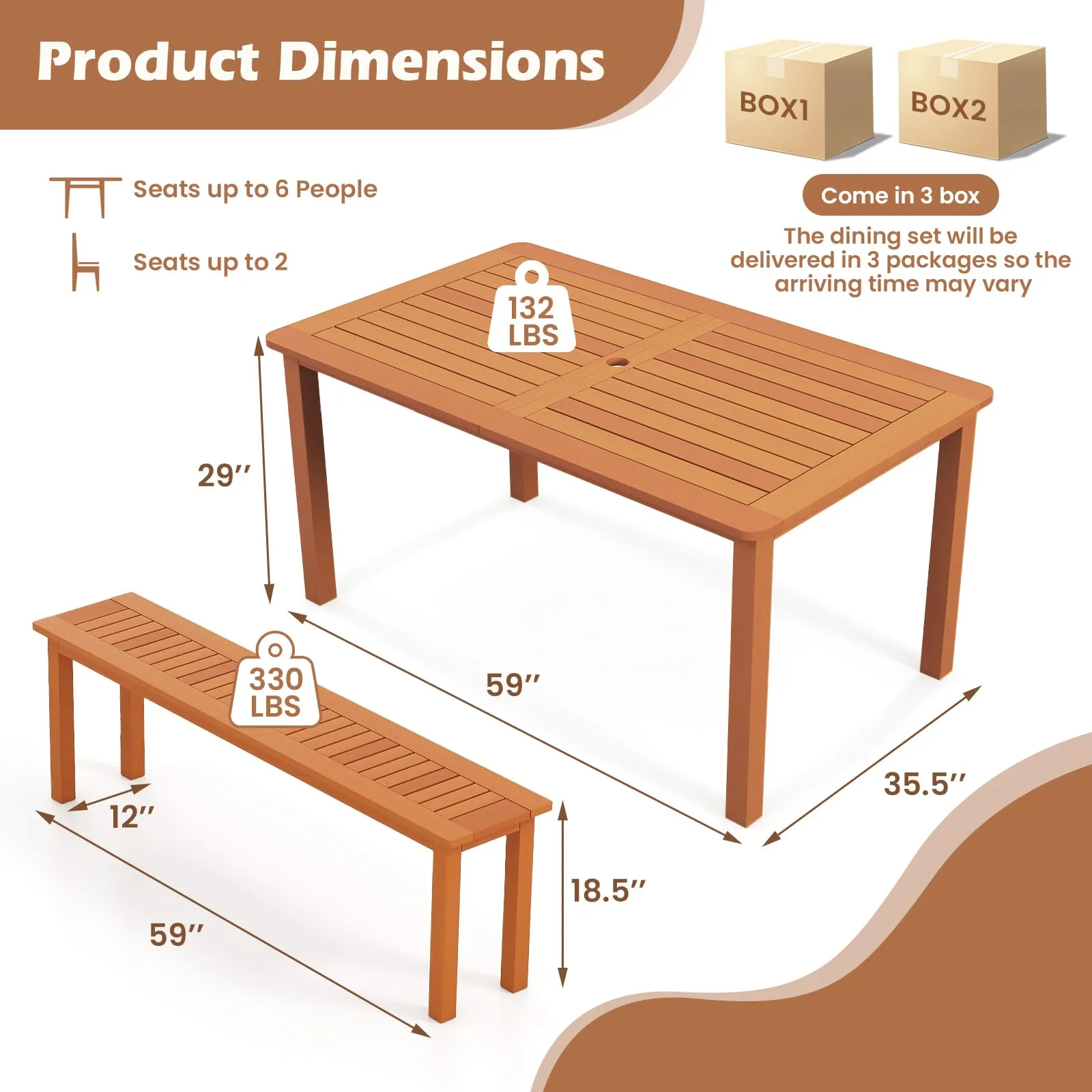 Tangkula Set of 3 Patio Dining Set for 4, Solid Wood Dining Table with 2 Benches