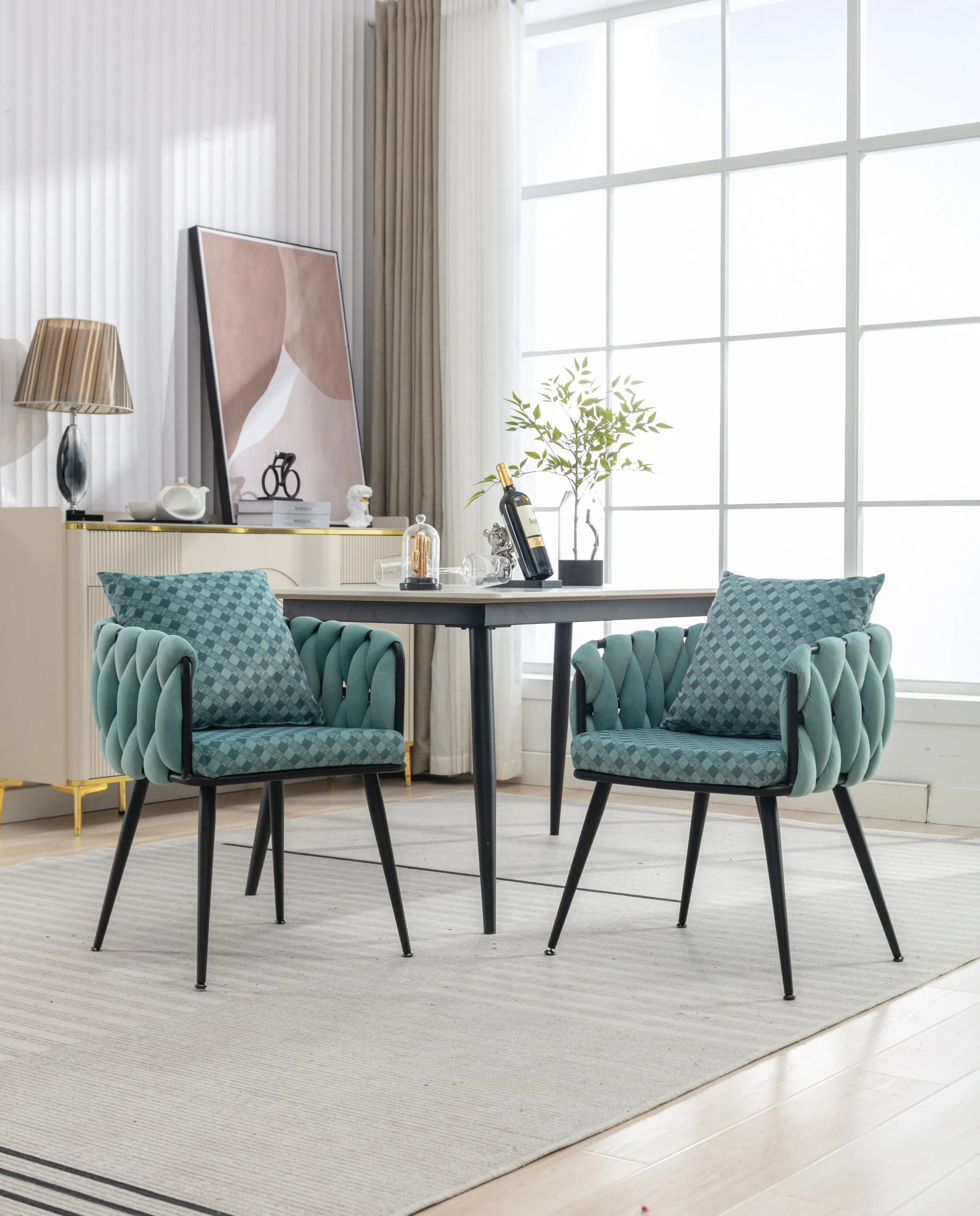 Teal Handwoven Accent Chairs: Set of 2