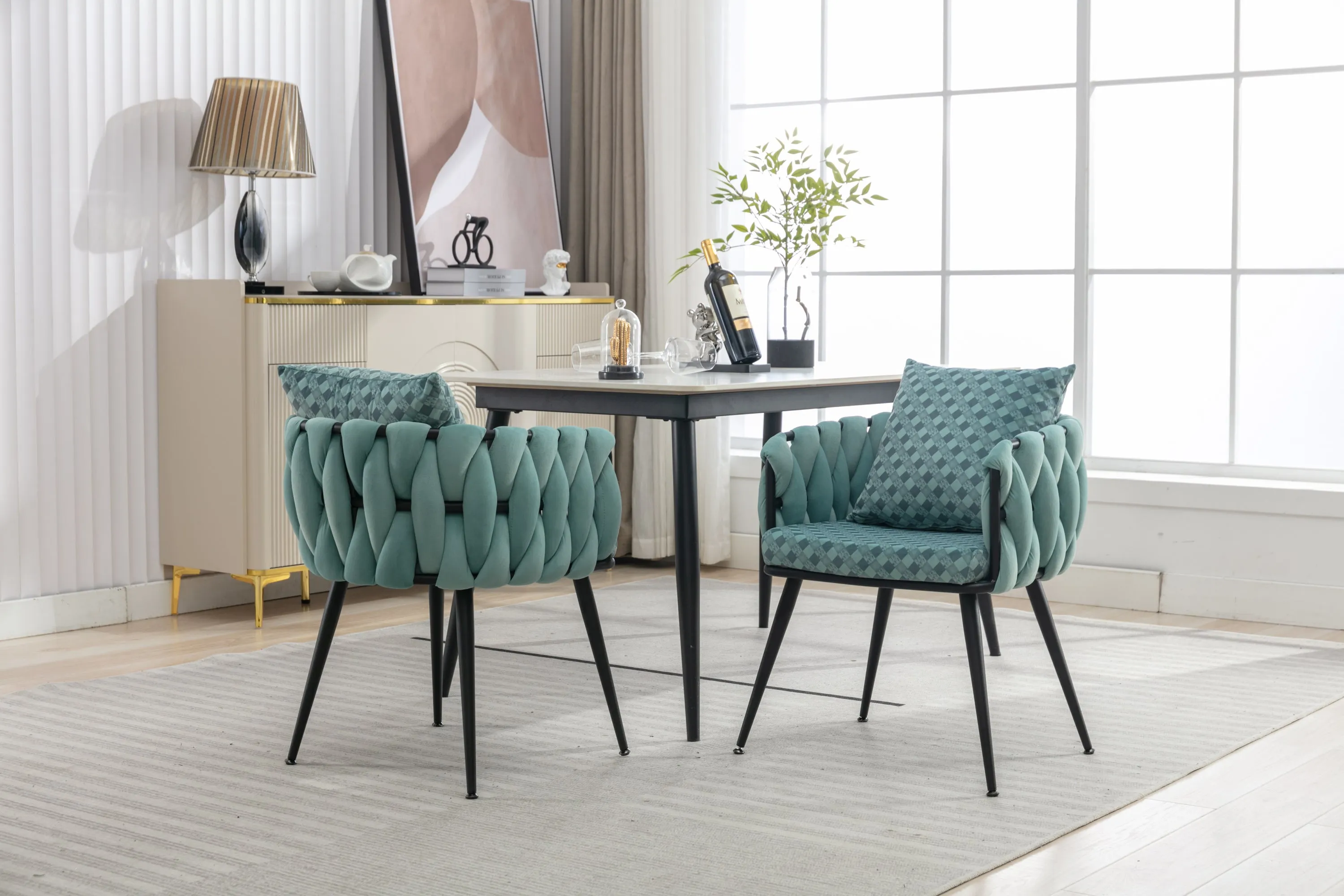 Teal Handwoven Accent Chairs: Set of 2