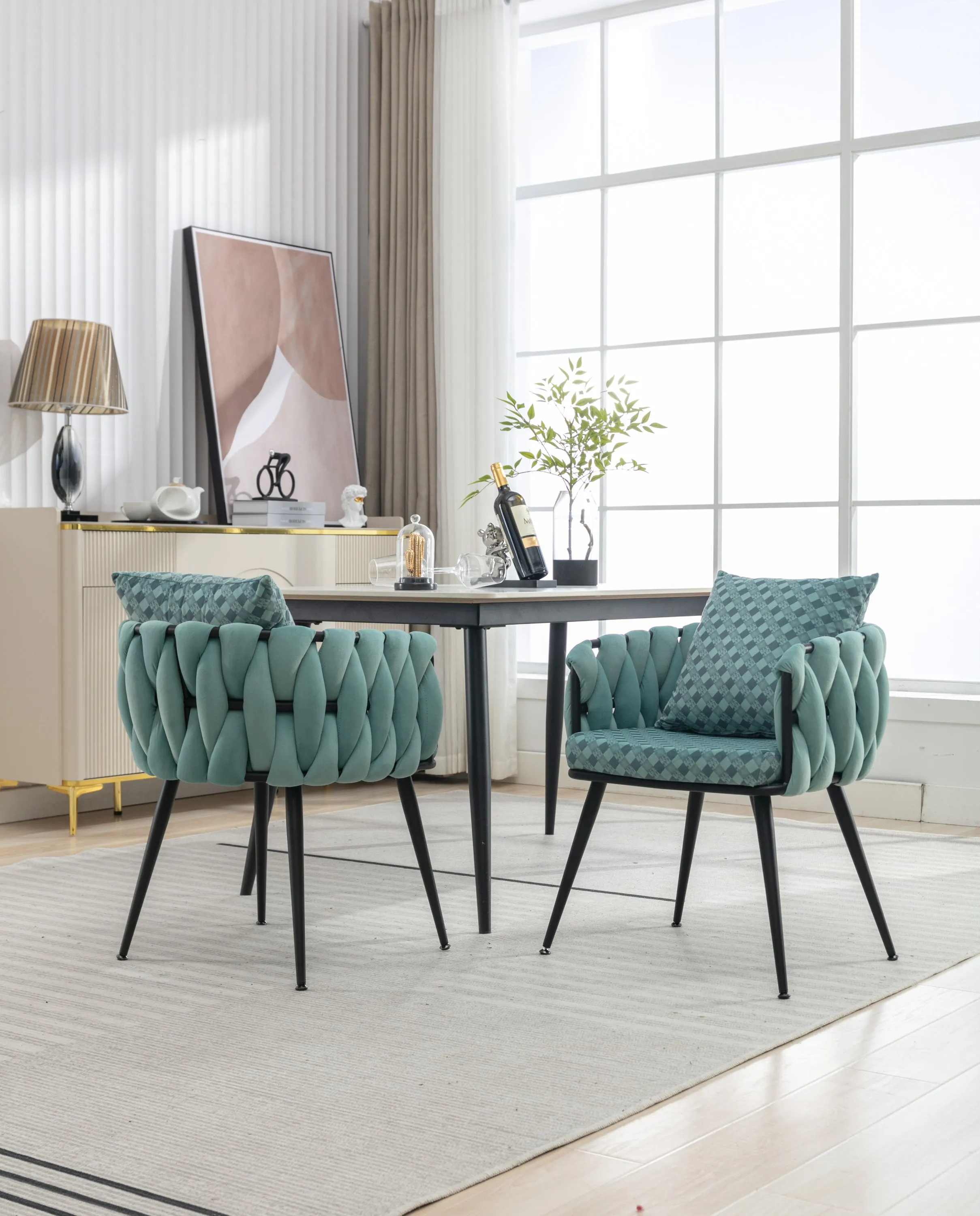 Teal Handwoven Accent Chairs: Set of 2