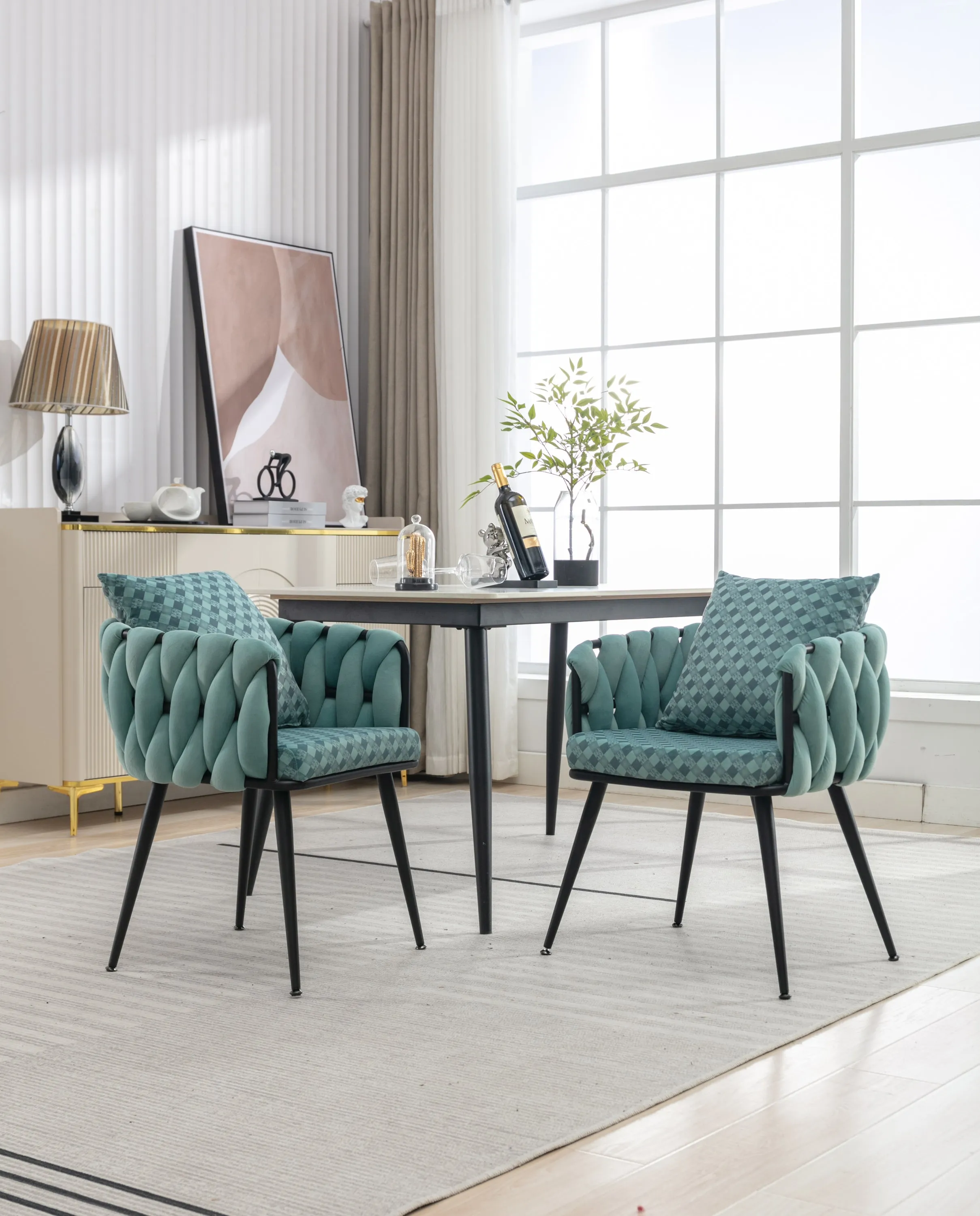 Teal Handwoven Accent Chairs: Set of 2