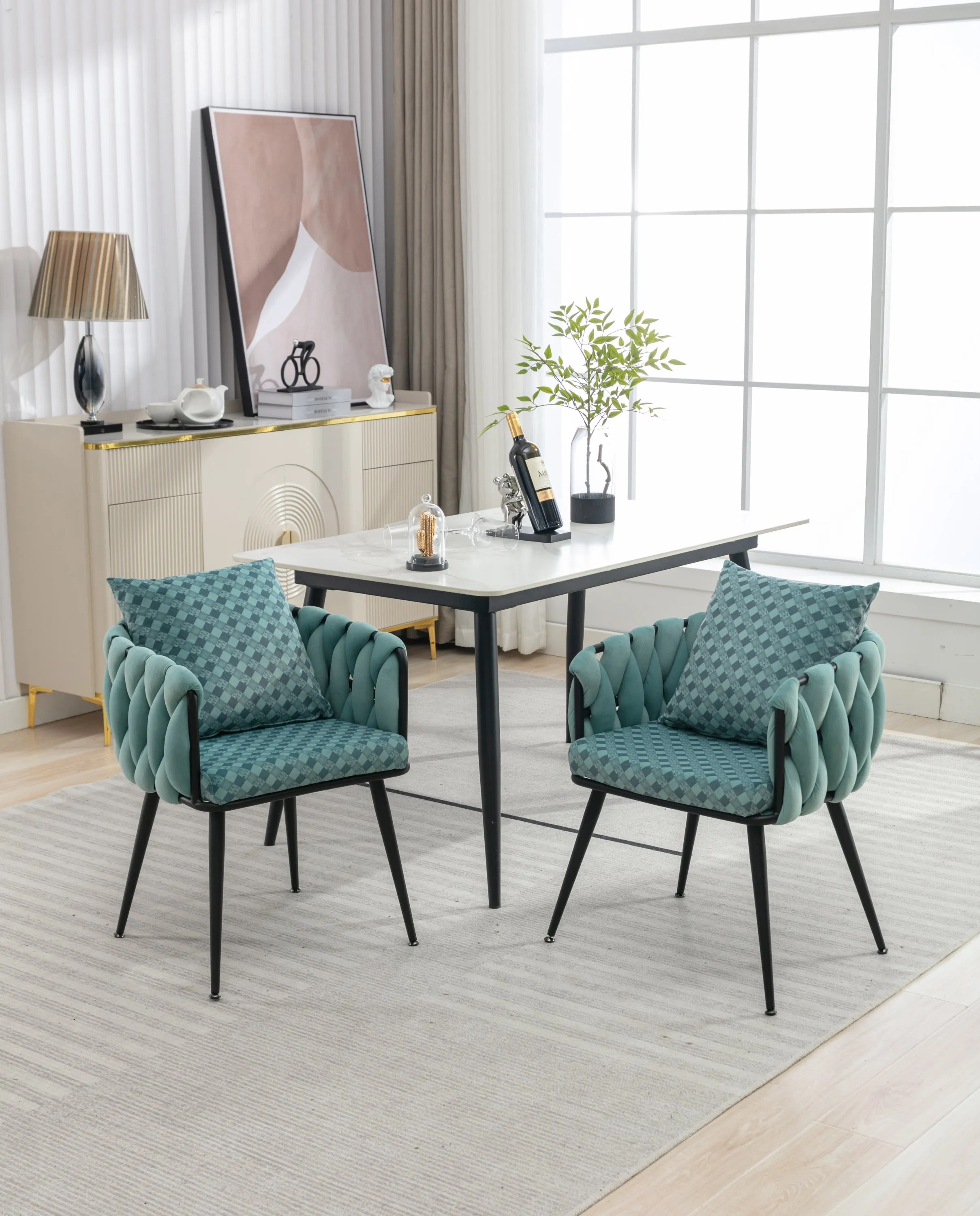 Teal Handwoven Accent Chairs: Set of 2