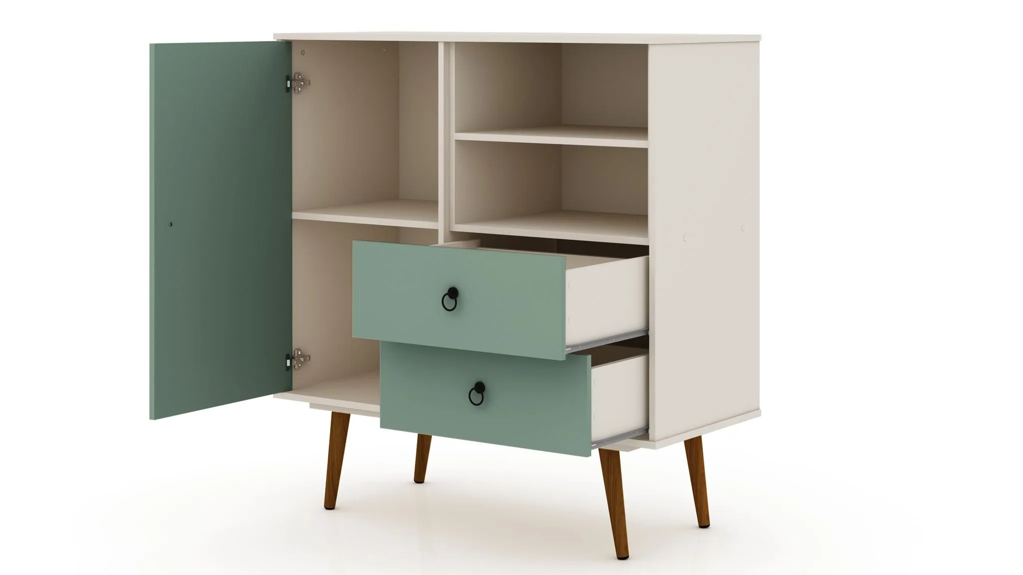 Tribeca Mid-Century- Modern Dresser with 2-Drawers in Off White and Green Mint