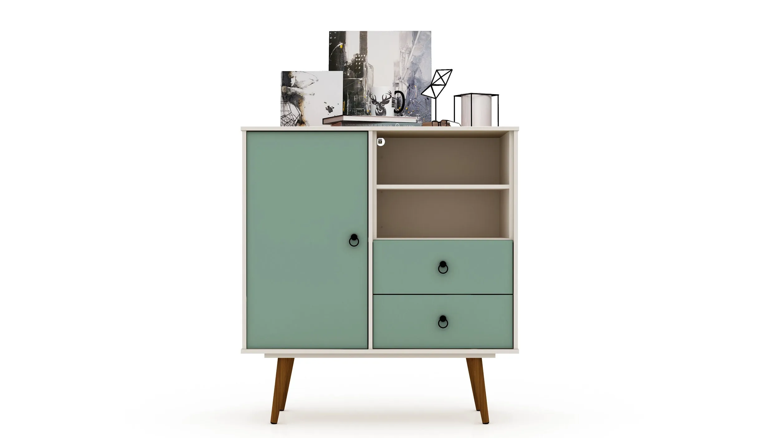 Tribeca Mid-Century- Modern Dresser with 2-Drawers in Off White and Green Mint