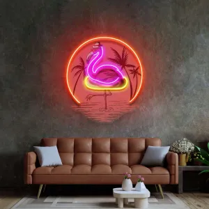 Tropical Flamingo Neon Sign with Sunset and Palm Trees for Bars and Patios