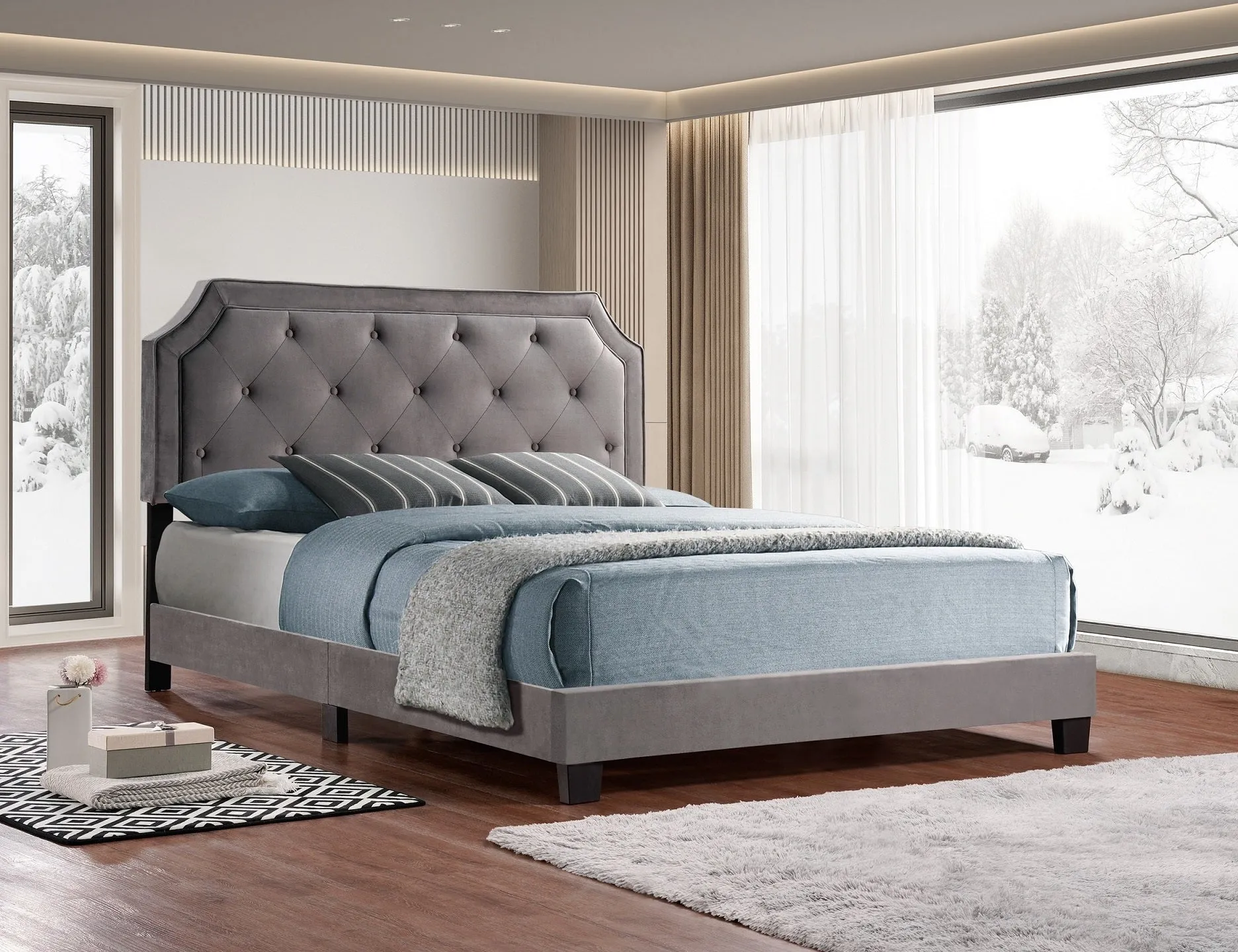 VelvetDream Diamond Tufted Platform Bed (Grey)