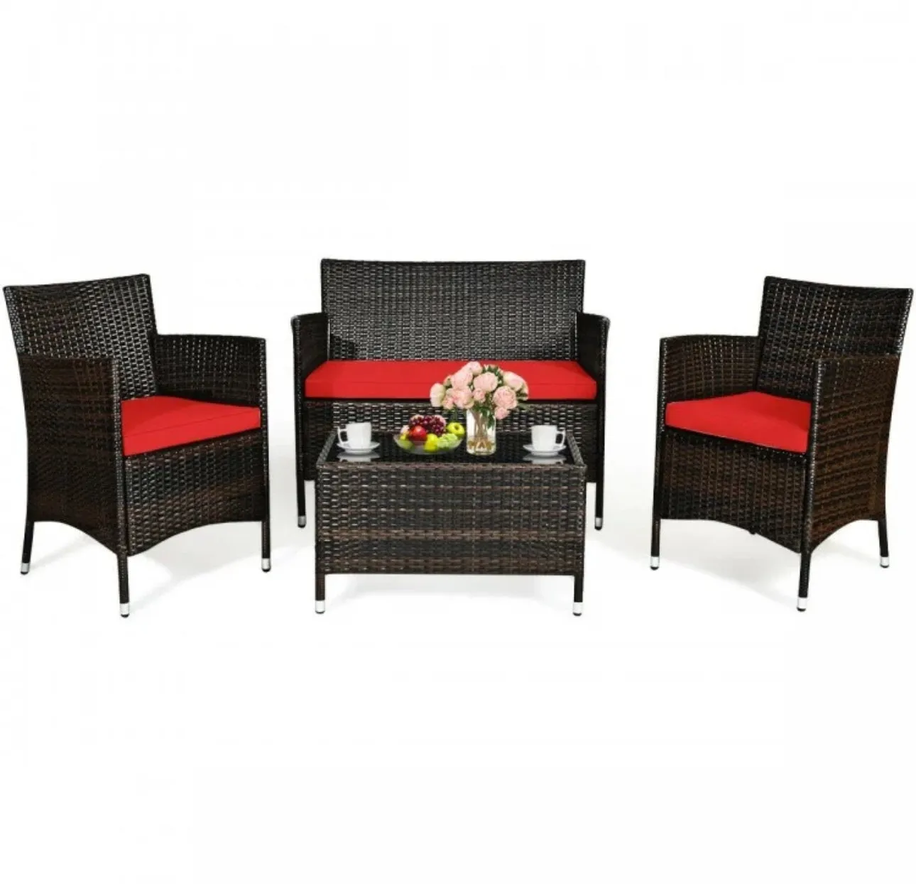 Very Elegant & Relaxing 4 Piece Outdoor Rattan / Wicker Sofa Patio Set With Heavy Duty Glass Coffee Table