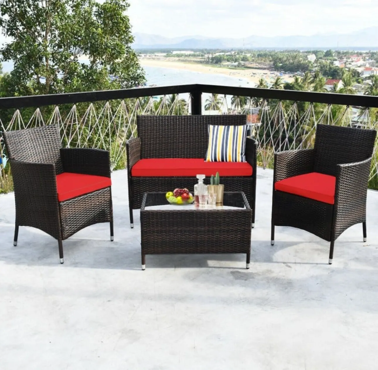 Very Elegant & Relaxing 4 Piece Outdoor Rattan / Wicker Sofa Patio Set With Heavy Duty Glass Coffee Table