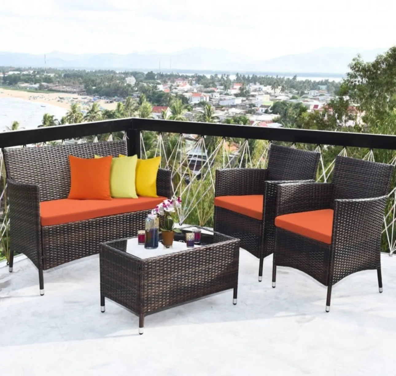 Very Elegant & Relaxing 4 Piece Outdoor Rattan / Wicker Sofa Patio Set With Heavy Duty Glass Coffee Table