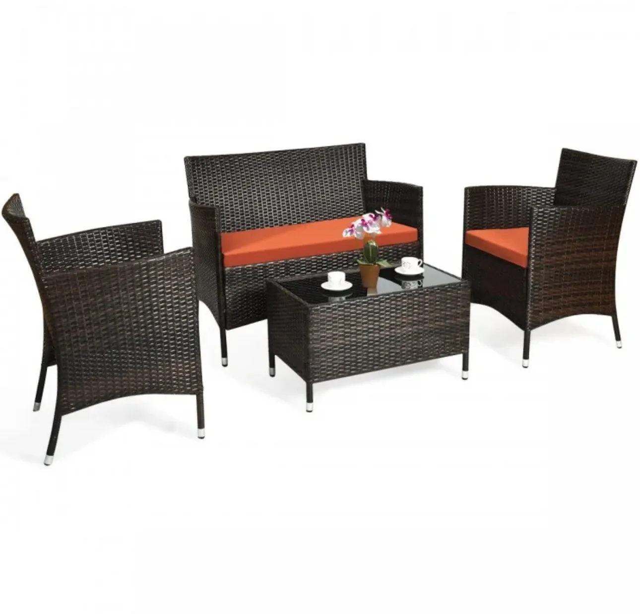 Very Elegant & Relaxing 4 Piece Outdoor Rattan / Wicker Sofa Patio Set With Heavy Duty Glass Coffee Table