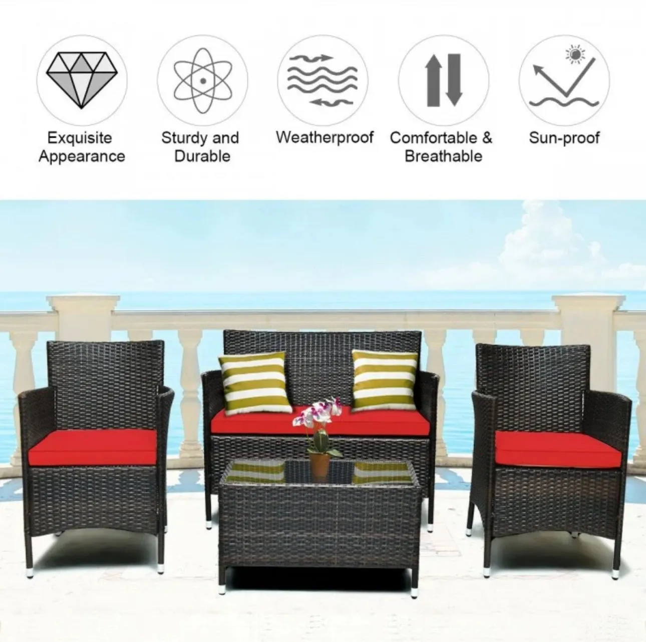 Very Elegant & Relaxing 4 Piece Outdoor Rattan / Wicker Sofa Patio Set With Heavy Duty Glass Coffee Table