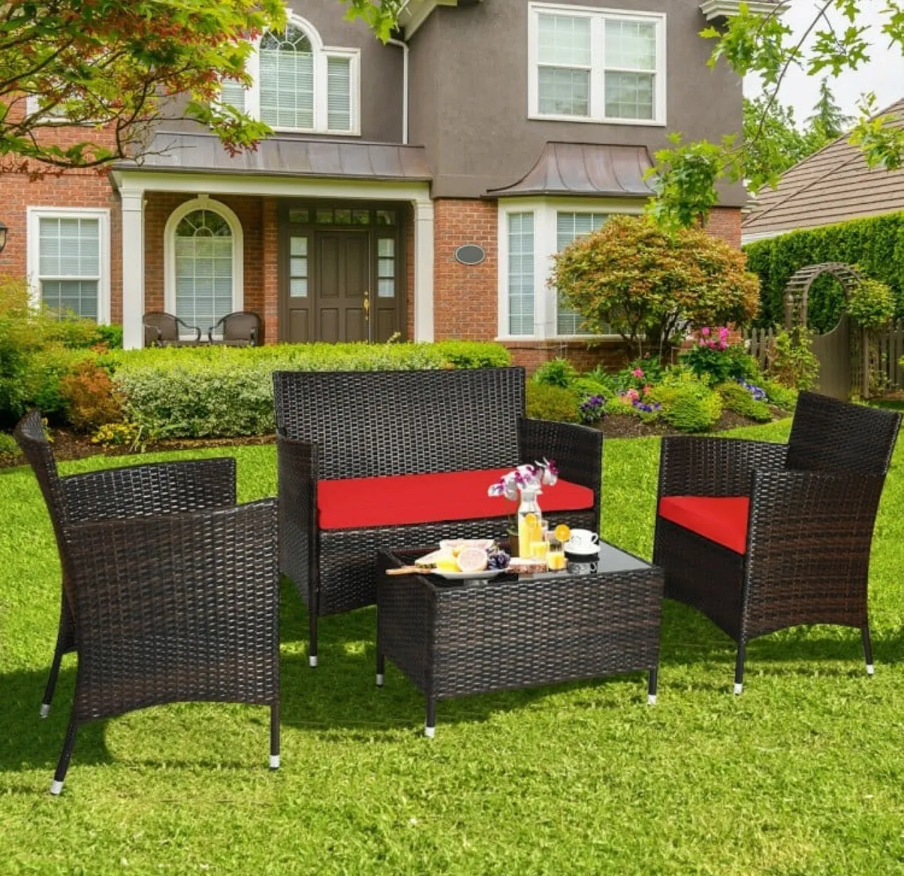 Very Elegant & Relaxing 4 Piece Outdoor Rattan / Wicker Sofa Patio Set With Heavy Duty Glass Coffee Table