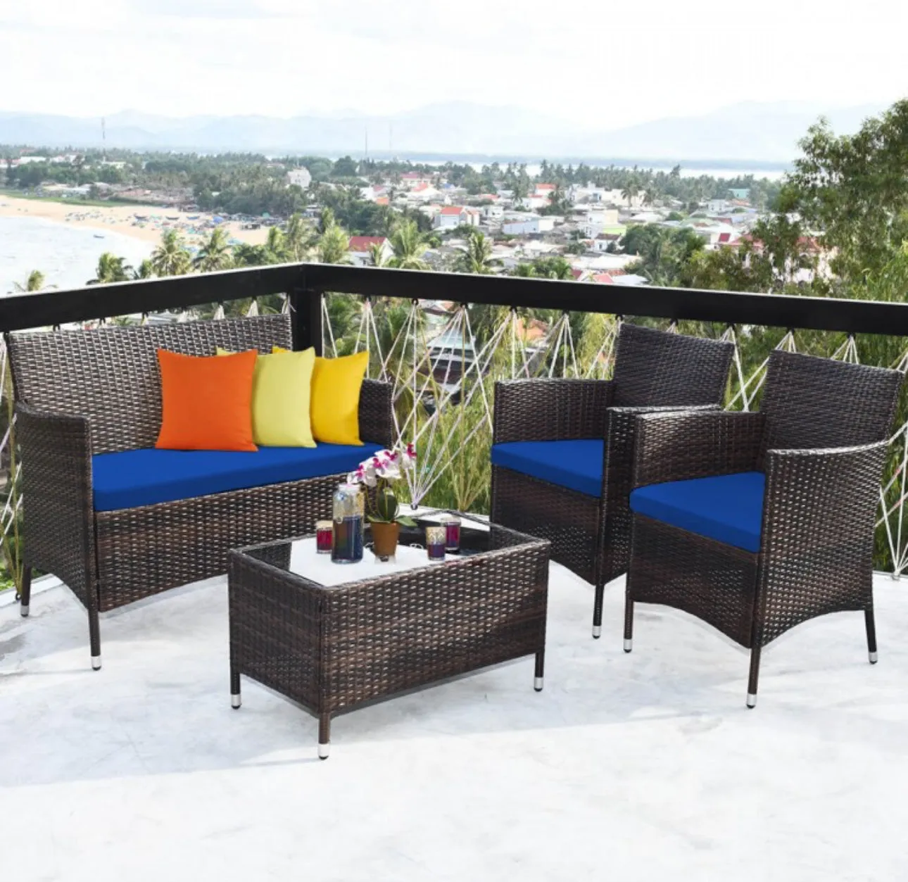 Very Elegant & Relaxing 4 Piece Outdoor Rattan / Wicker Sofa Patio Set With Heavy Duty Glass Coffee Table