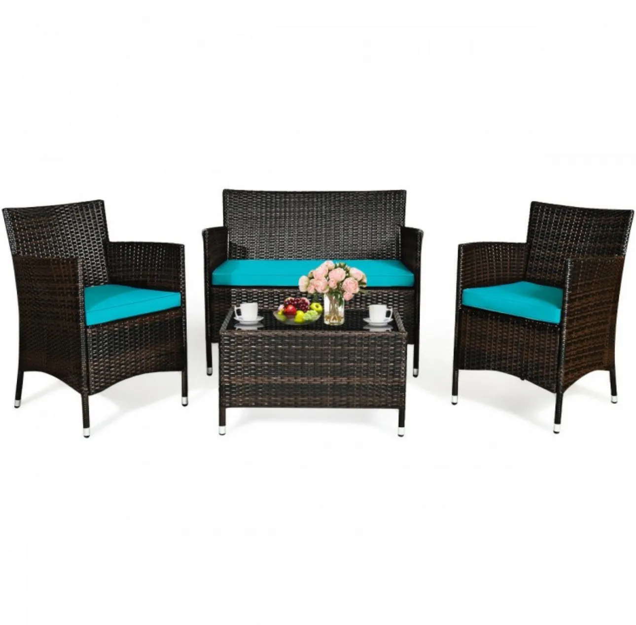 Very Elegant & Relaxing 4 Piece Outdoor Rattan / Wicker Sofa Patio Set With Heavy Duty Glass Coffee Table