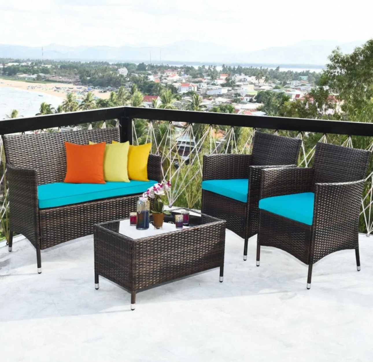 Very Elegant & Relaxing 4 Piece Outdoor Rattan / Wicker Sofa Patio Set With Heavy Duty Glass Coffee Table