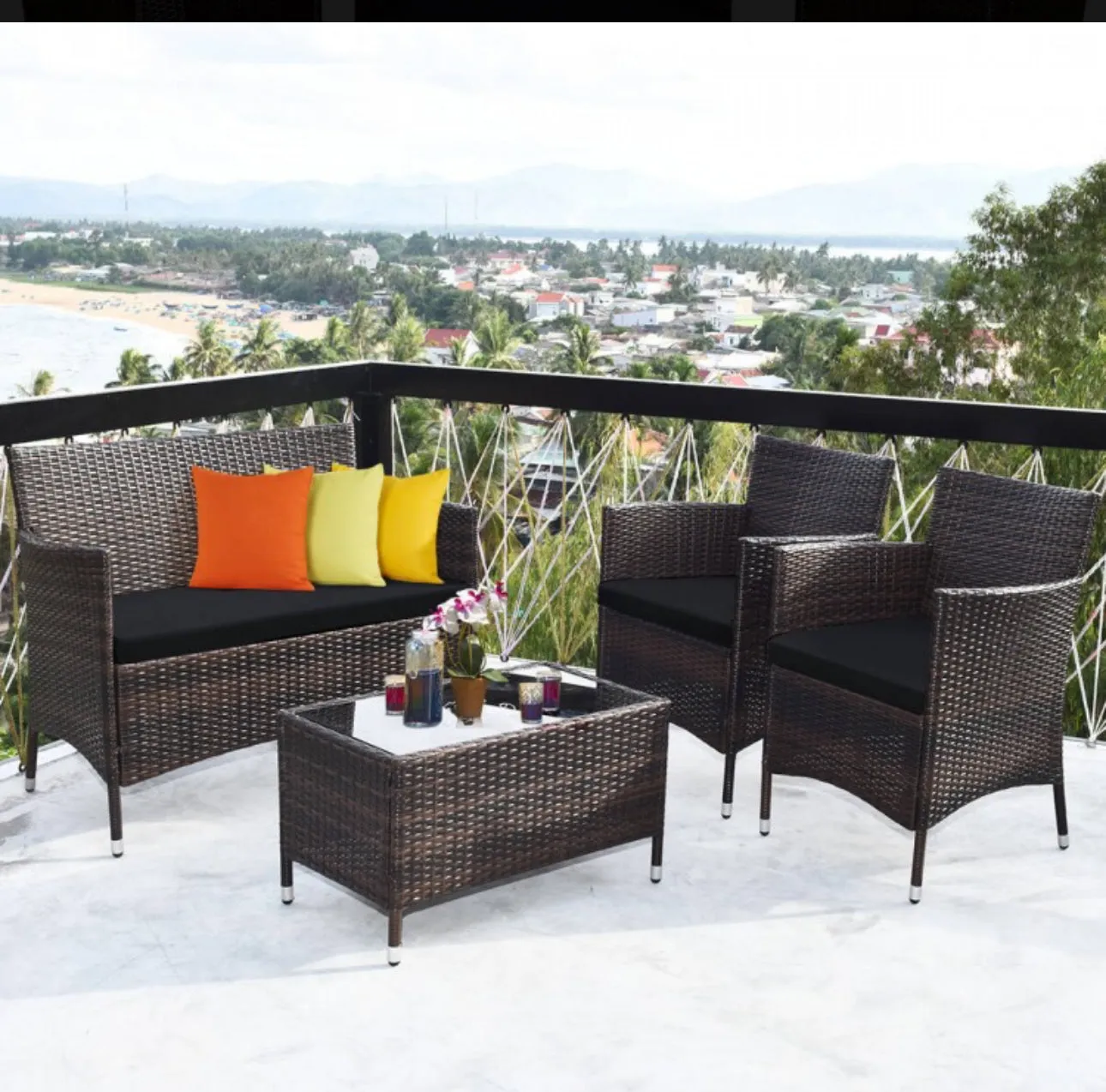 Very Elegant & Relaxing 4 Piece Outdoor Rattan / Wicker Sofa Patio Set With Heavy Duty Glass Coffee Table