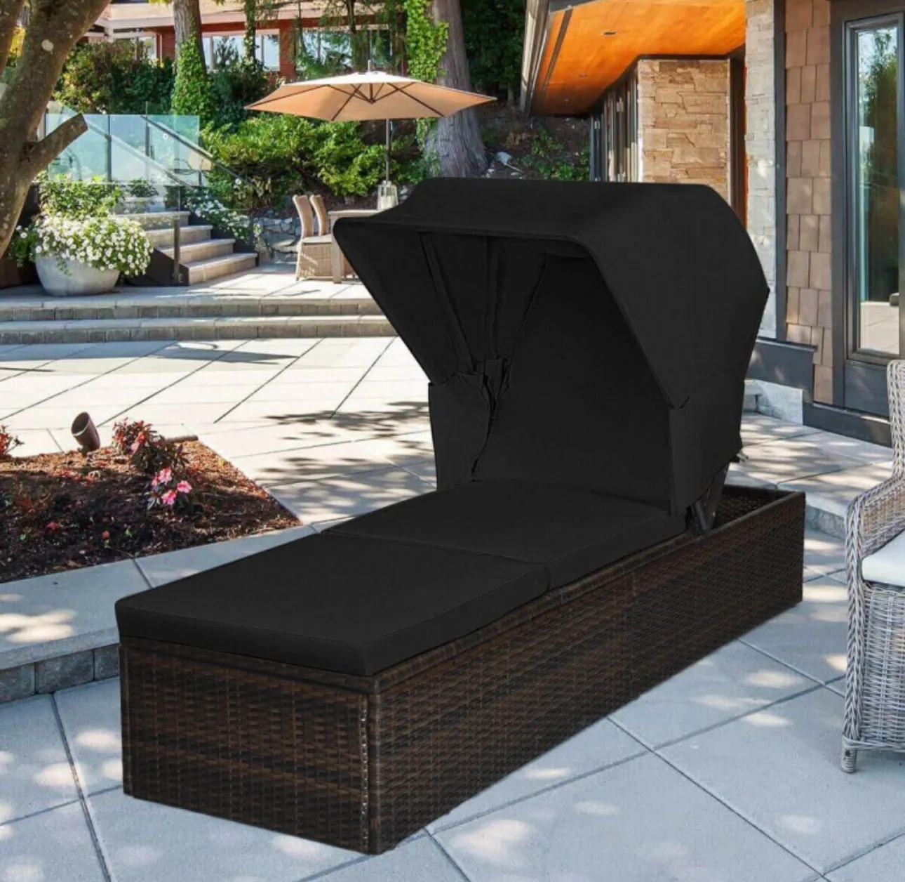 Very Relaxing Heavy Duty Adjustable Outdoor Patio Chaise Cushioned Lounge Chair With Folding Canopy | High Quality | PE Rattan