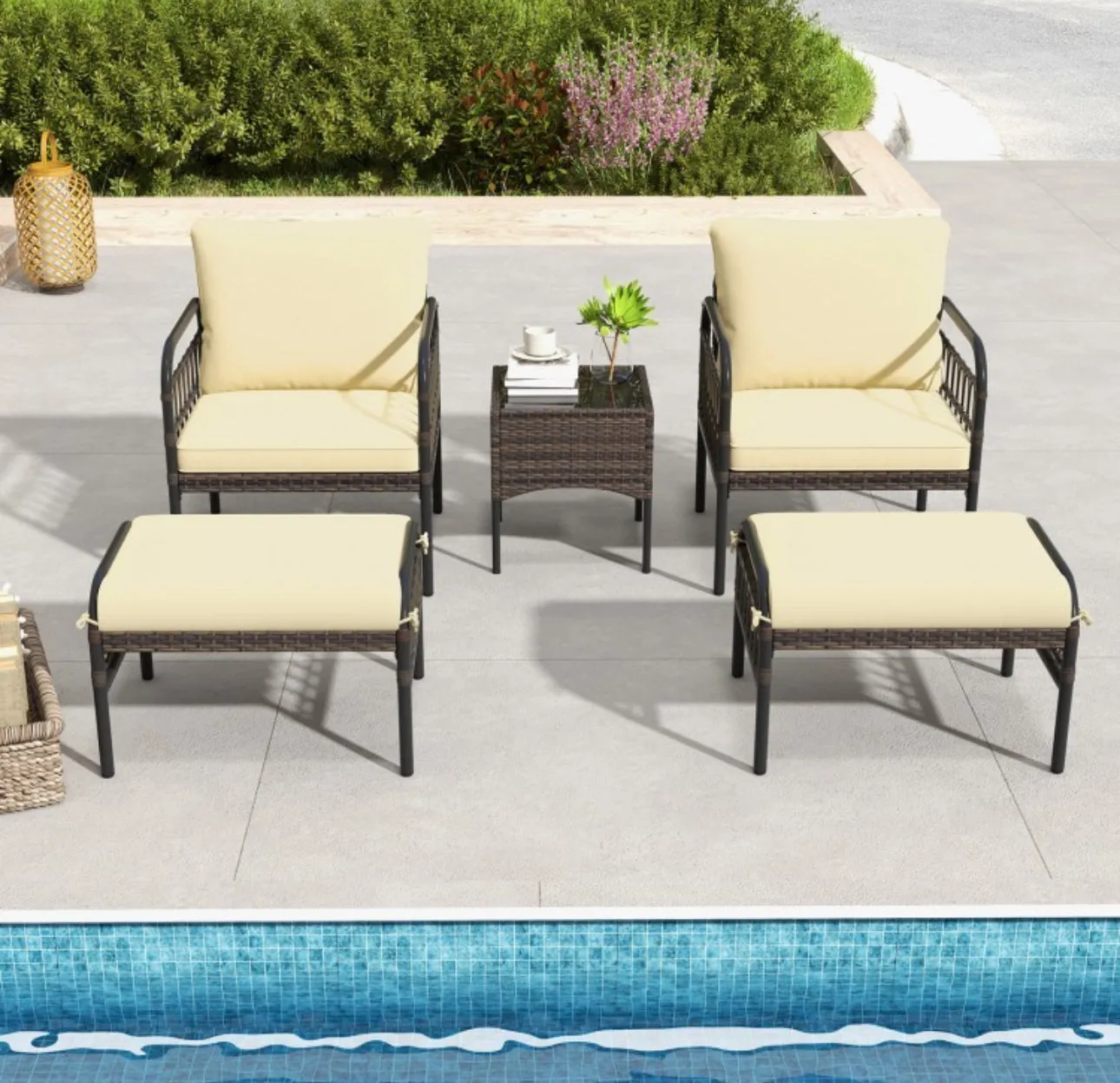 Very Relaxing Heavy Duty Beige 5-Piece Patio Rattan Conversation Set With Ottomans | Coffee Table | Comfy Cushions