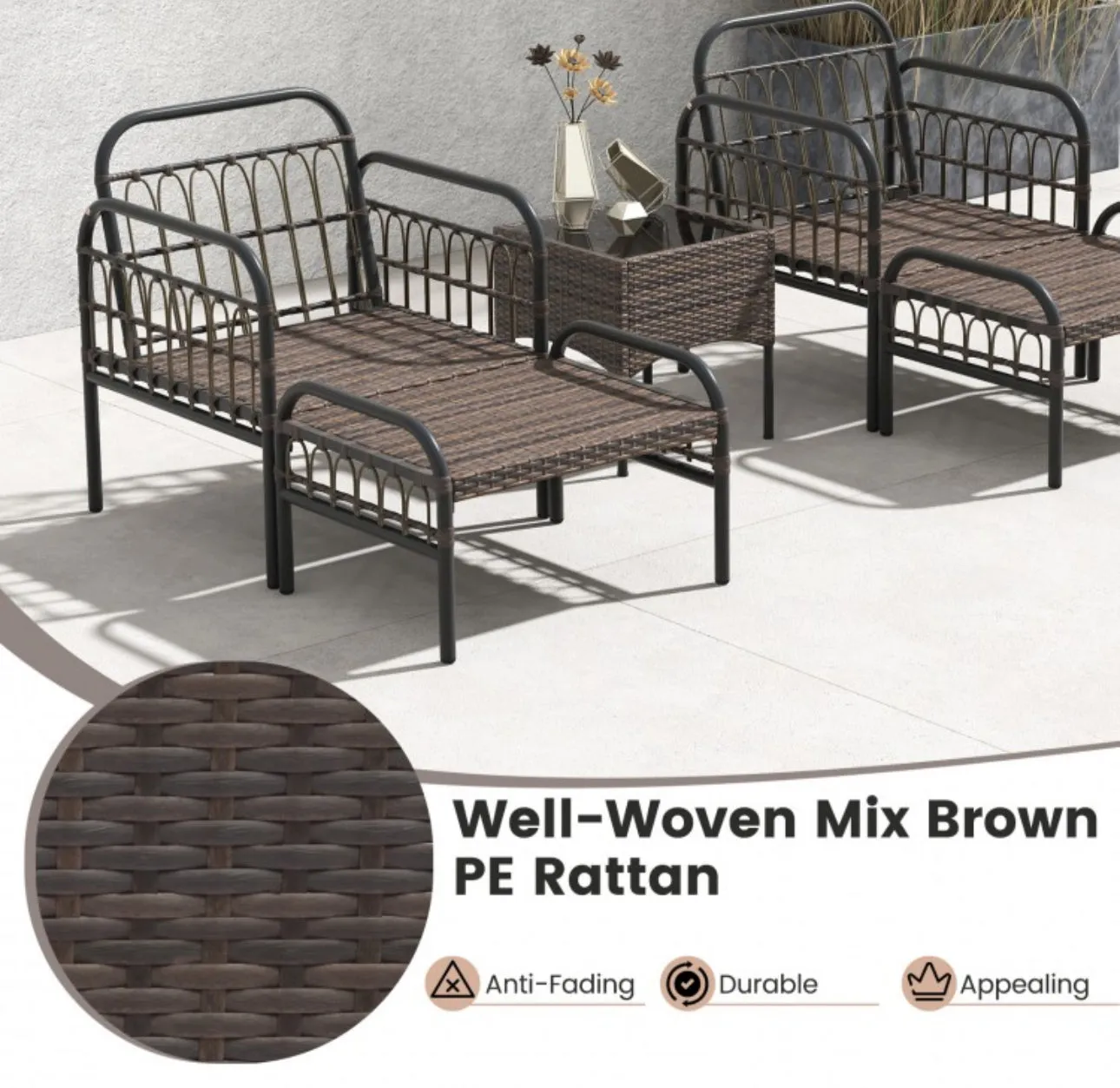 Very Relaxing Heavy Duty Beige 5-Piece Patio Rattan Conversation Set With Ottomans | Coffee Table | Comfy Cushions