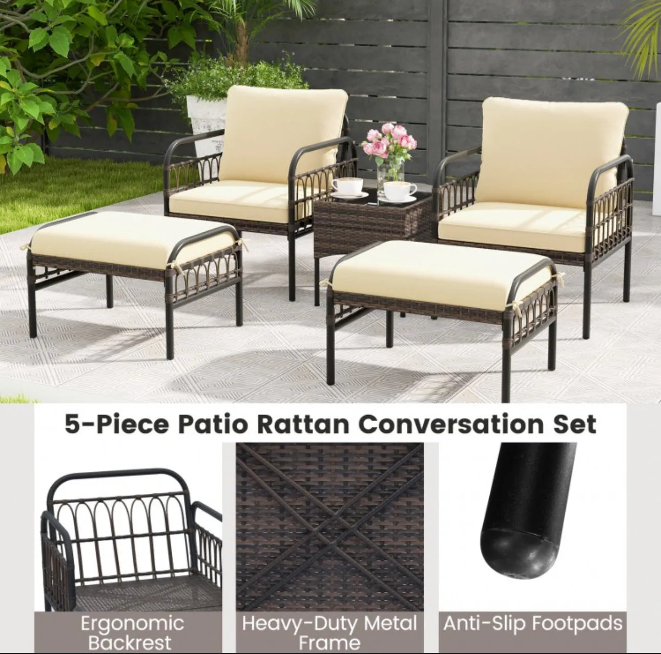 Very Relaxing Heavy Duty Beige 5-Piece Patio Rattan Conversation Set With Ottomans | Coffee Table | Comfy Cushions