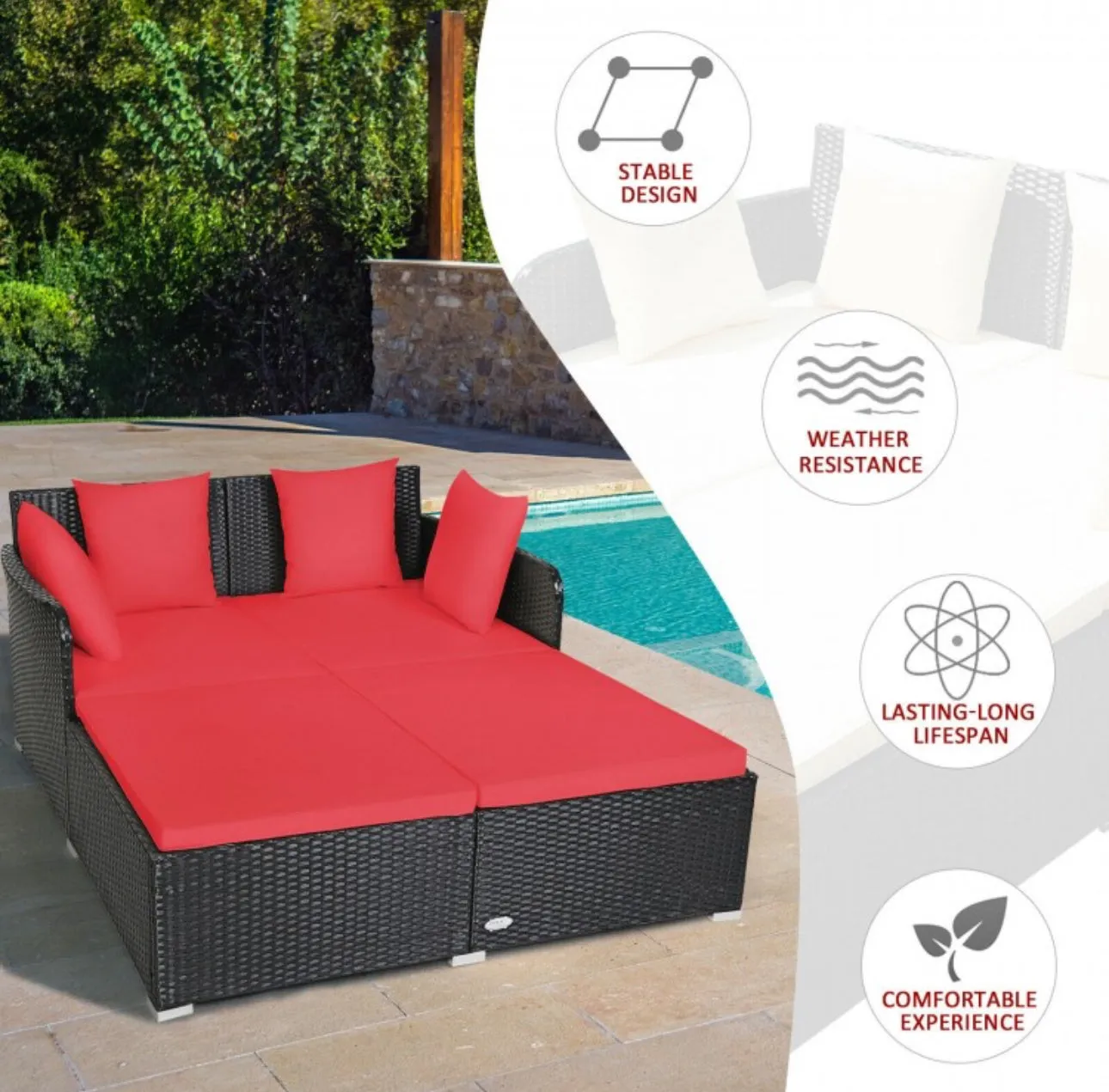 Very Relaxing XXL Spacious Outdoor Rattan Patio Day Bed | Upholstered Extremely Comfortable Cushions, Pillows | Sectional Furniture Set