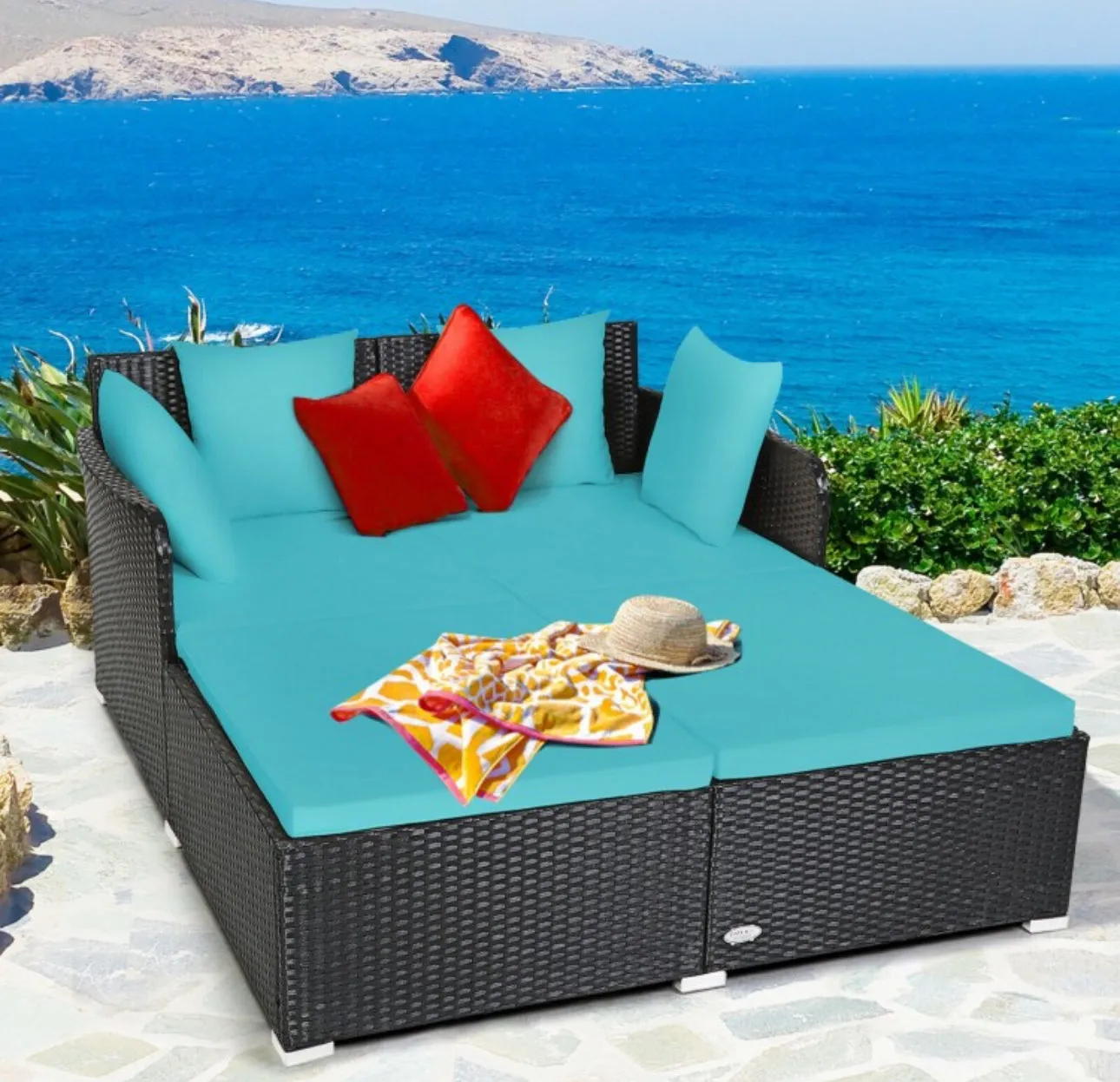 Very Relaxing XXL Spacious Outdoor Rattan Patio Day Bed | Upholstered Extremely Comfortable Cushions, Pillows | Sectional Furniture Set