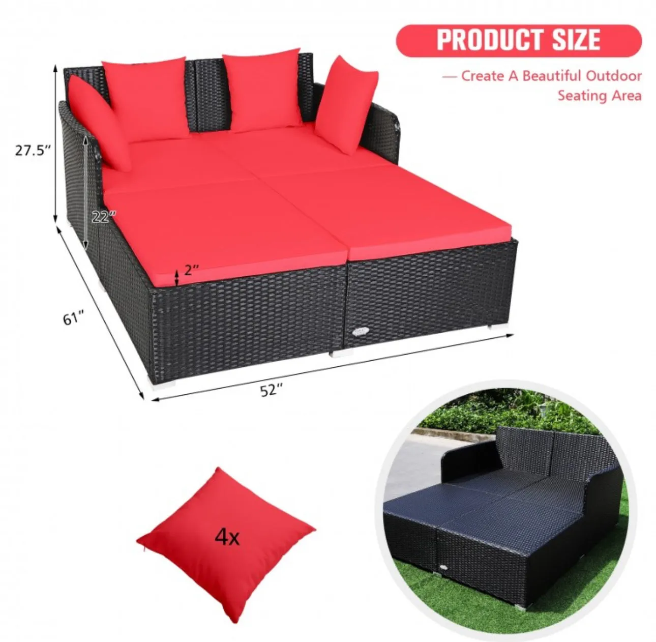 Very Relaxing XXL Spacious Outdoor Rattan Patio Day Bed | Upholstered Extremely Comfortable Cushions, Pillows | Sectional Furniture Set