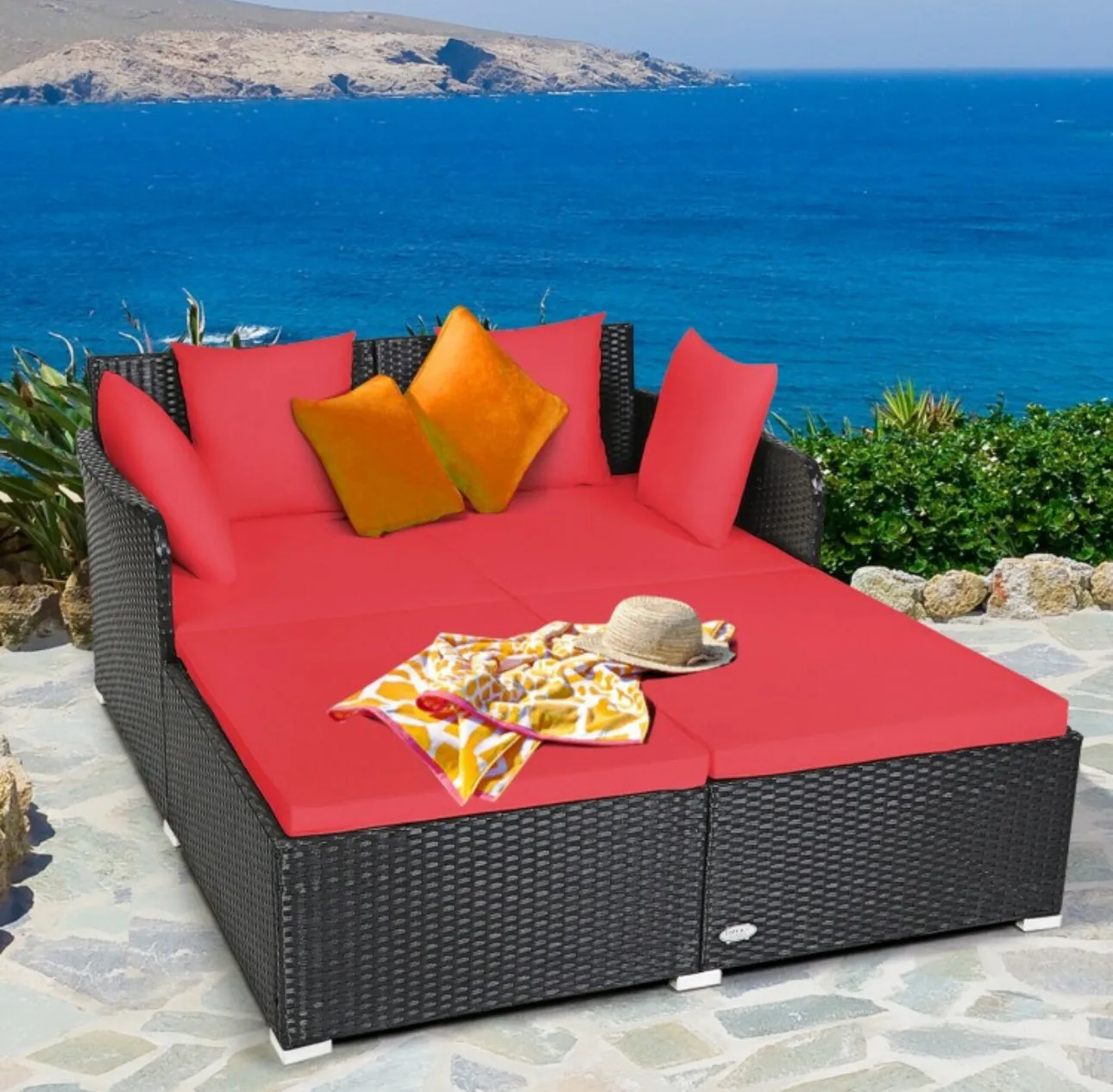 Very Relaxing XXL Spacious Outdoor Rattan Patio Day Bed | Upholstered Extremely Comfortable Cushions, Pillows | Sectional Furniture Set