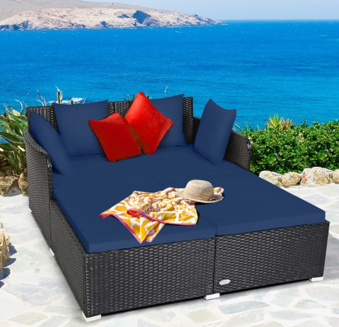 Very Relaxing XXL Spacious Outdoor Rattan Patio Day Bed | Upholstered Extremely Comfortable Cushions, Pillows | Sectional Furniture Set